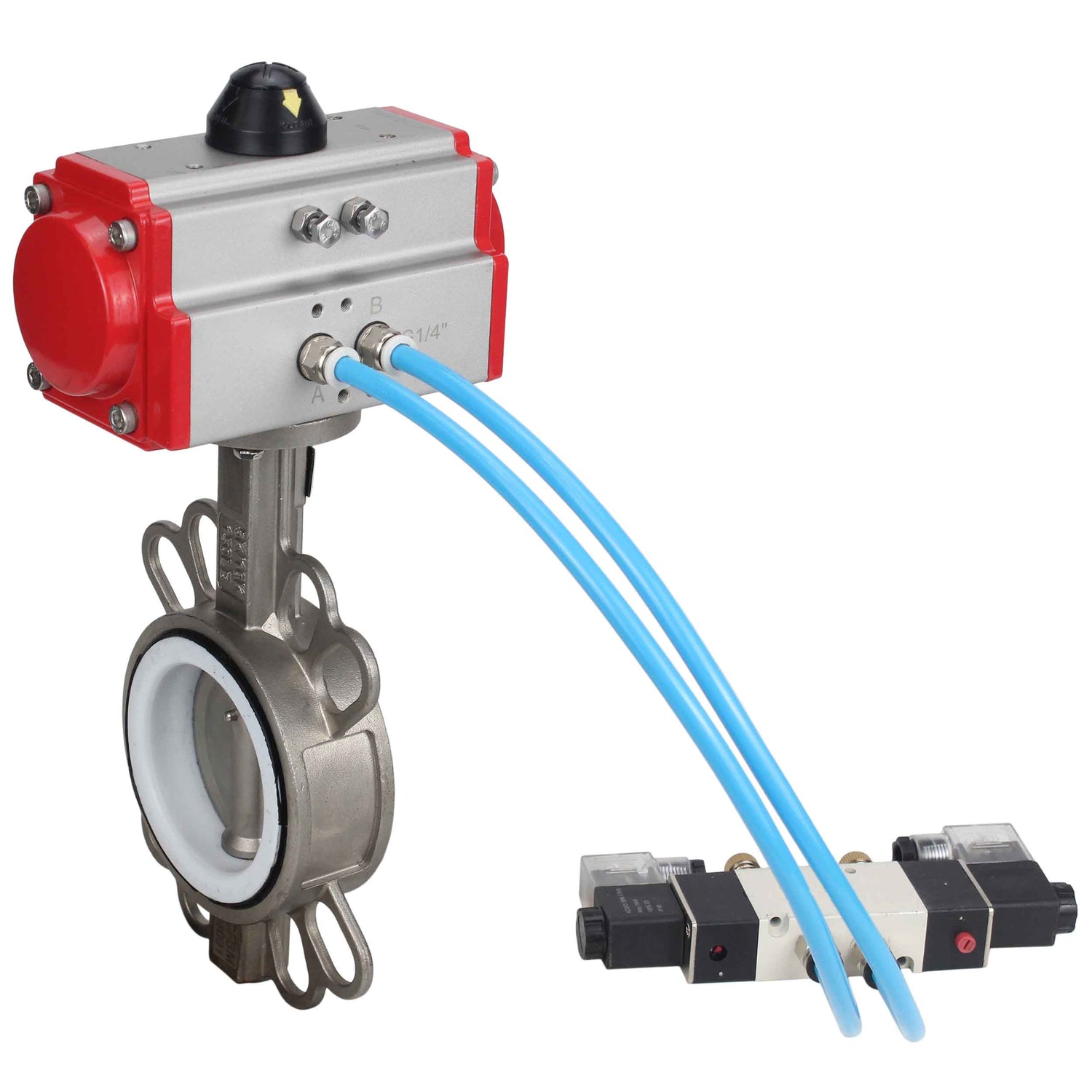 Vanne papillon d'eau Elephant WBV3131P-2W-Fb-H, matériau du corps - Acier inoxydable AISI 304, matériau du disque - Acier inoxydable AISI 304, joint - PTFE, actionneur pneumatique PA-SA avec ressorts de rappel, 4V320-08 220V
