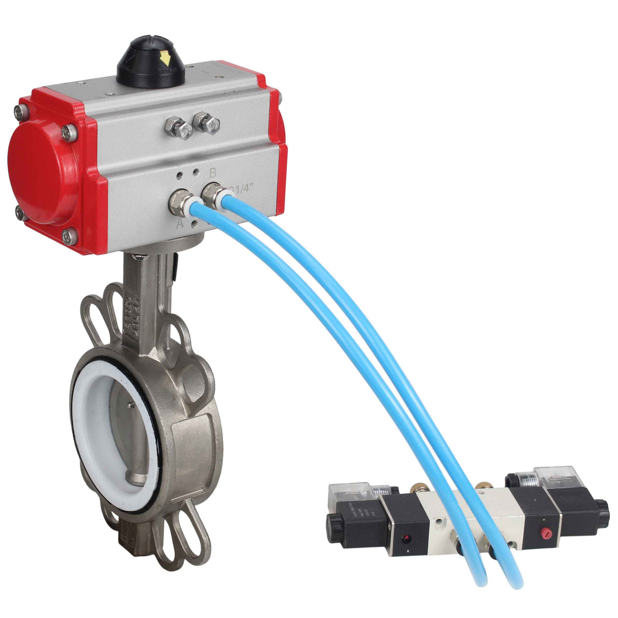 Vanne papillon d'eau Elephant WBV3131P-2W-Fb-H, matériau du corps - Acier inoxydable AISI 304, matériau du disque - Acier inoxydable AISI 304, joint - PTFE, actionneur pneumatique PA-DA double action, 4V320-08 220V
