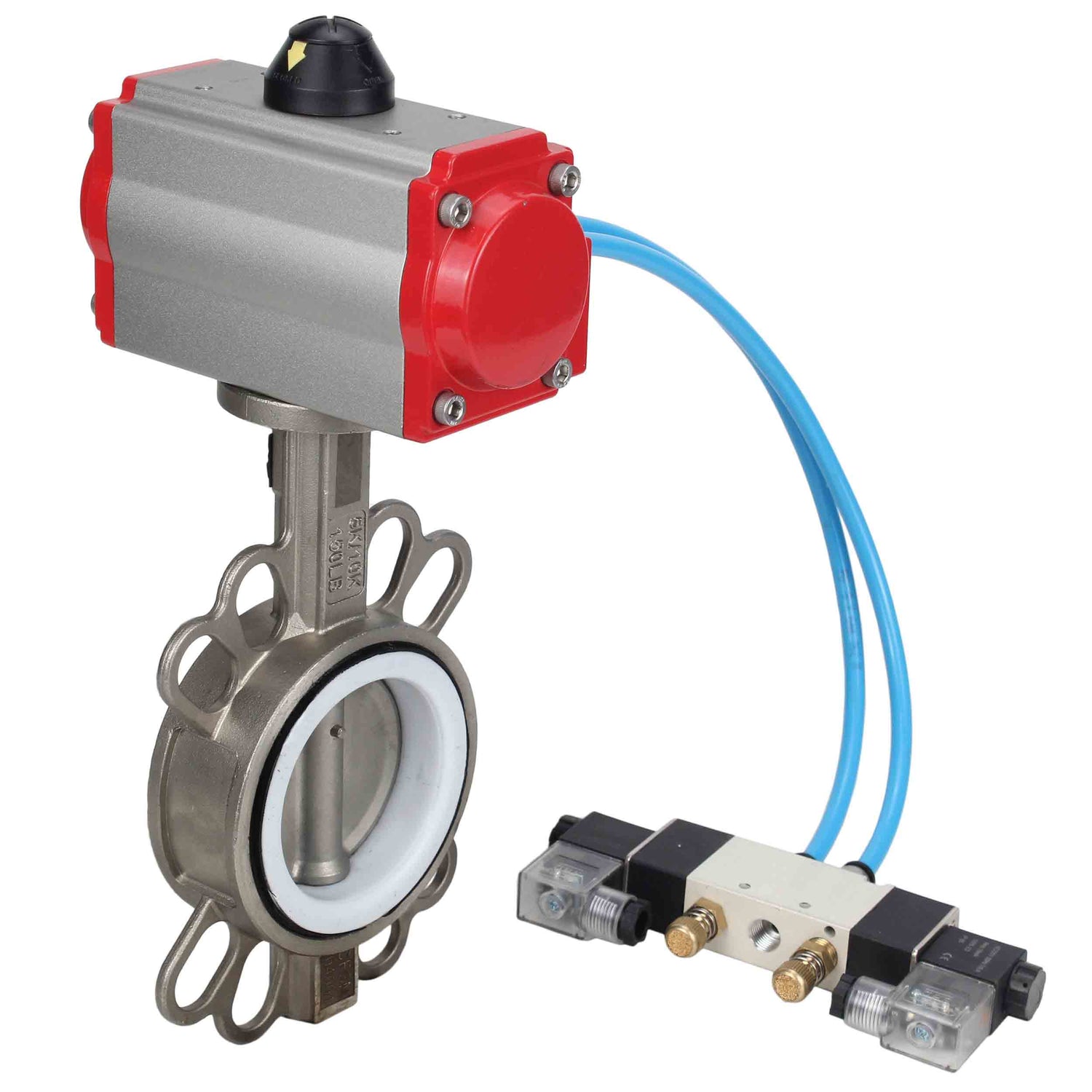 Vanne papillon d'eau Elephant WBV3131P-2W-Fb-H, matériau du corps - Acier inoxydable AISI 304, matériau du disque - Acier inoxydable AISI 304, joint - PTFE, actionneur pneumatique PA-DA double action, 4V320-10 220V