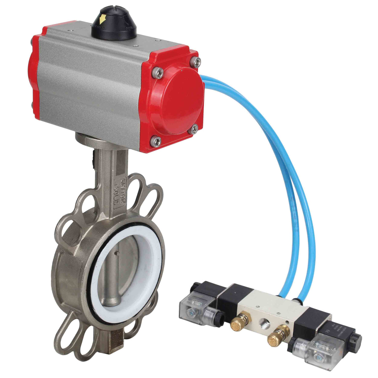 Vanne papillon d'eau Elephant WBV3131P-2W-Fb-H, matériau du corps - Acier inoxydable AISI 304, matériau du disque - Acier inoxydable AISI 304, joint - PTFE, actionneur pneumatique PA-SA avec ressorts de rappel, 4V320-10 220V