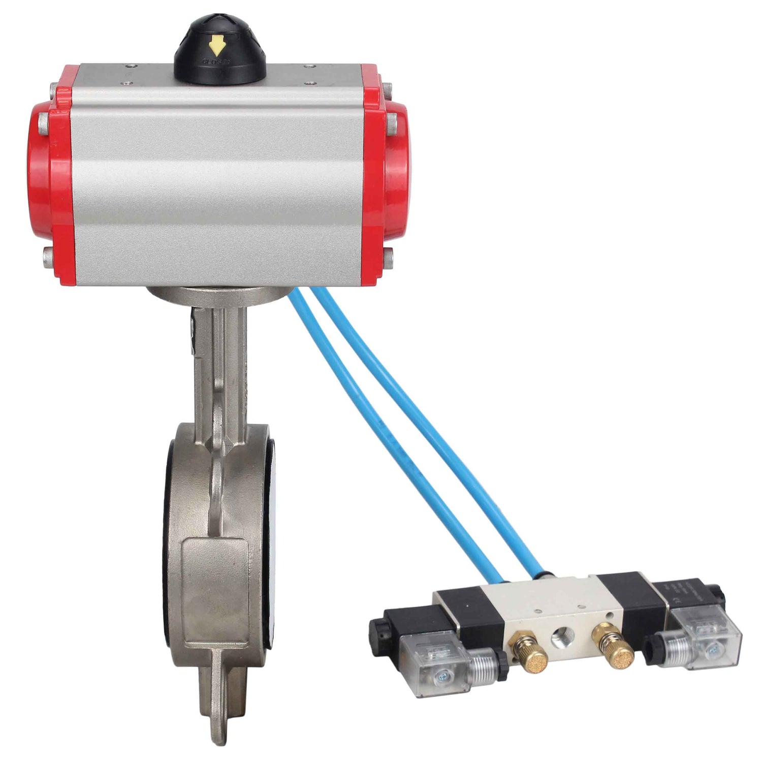 Vanne papillon d'eau Elephant WBV3131P-2W-Fb-H, matériau du corps - Acier inoxydable AISI 304, matériau du disque - Acier inoxydable AISI 304, joint - PTFE, actionneur pneumatique PA-DA double action, 4V320-10 220V