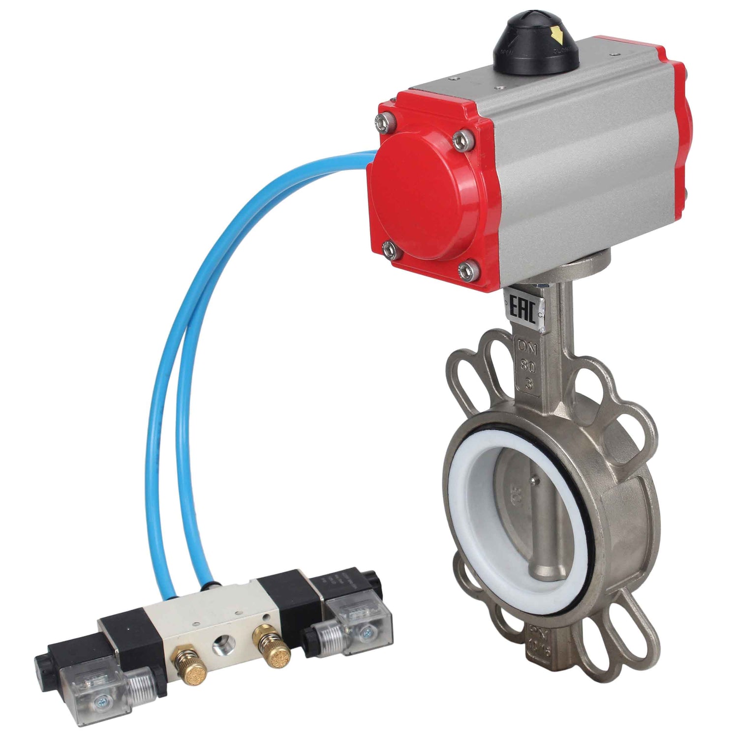 Vanne papillon d'eau Elephant WBV3131P-2W-Fb-H, matériau du corps - Acier inoxydable AISI 304, matériau du disque - Acier inoxydable AISI 304, joint - PTFE, actionneur pneumatique PA-SA avec ressorts de rappel, 4V320-10 220V