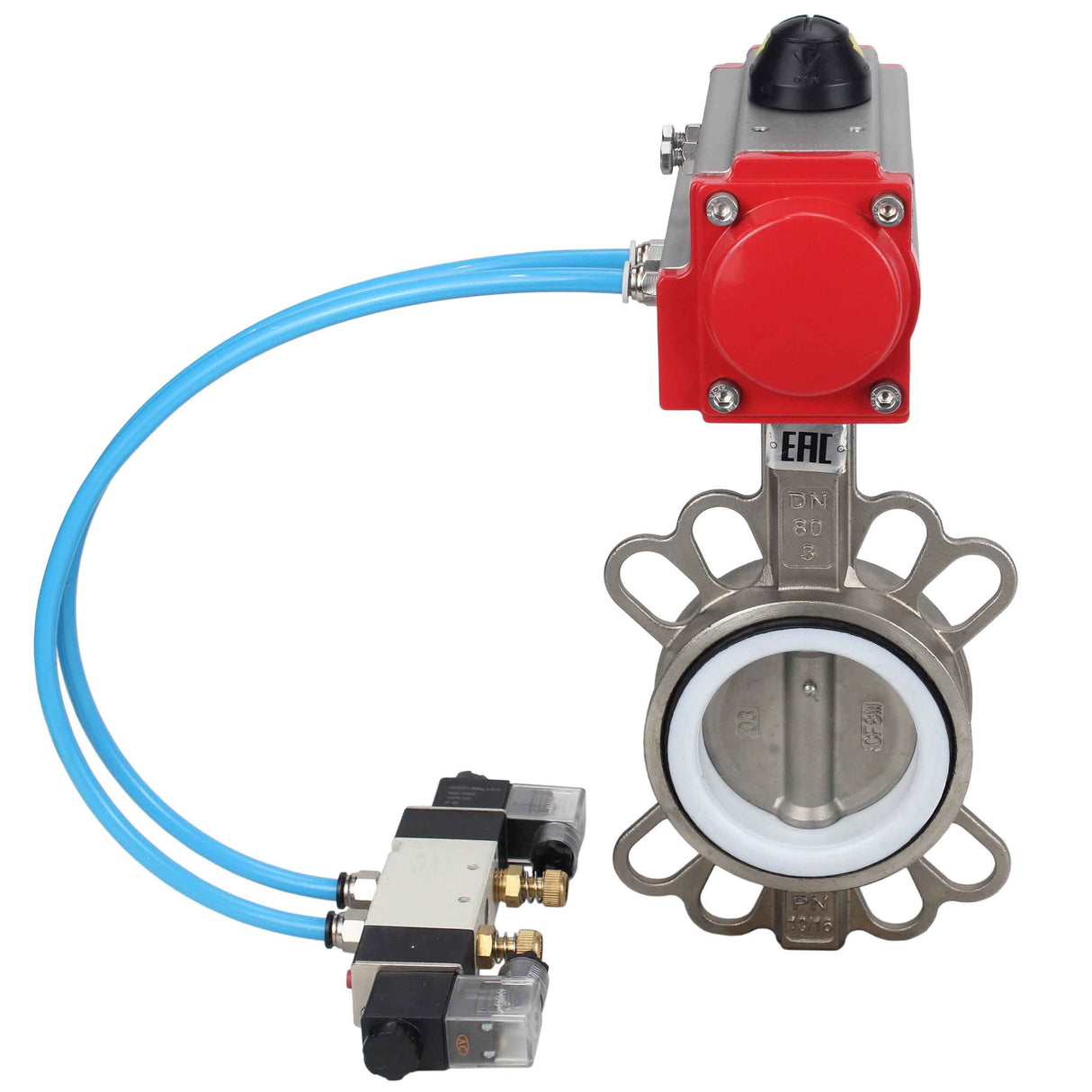 Vanne papillon d'eau Elephant WBV3131P-2W-Fb-H, matériau du corps - Acier inoxydable AISI 304, matériau du disque - Acier inoxydable AISI 304, joint - PTFE, actionneur pneumatique PA-DA double action, 4V320-08 220V