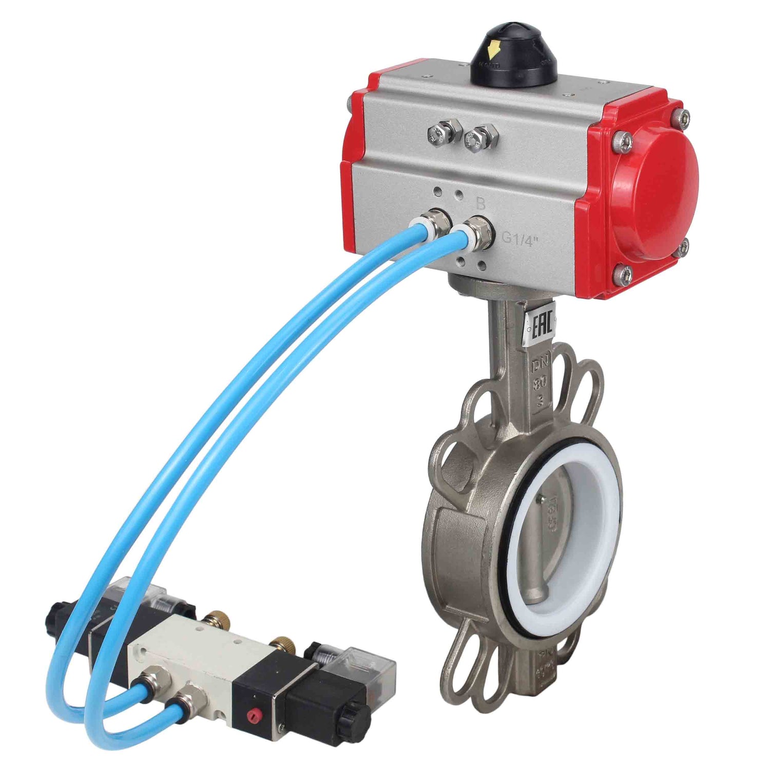 Vanne papillon d'eau Elephant WBV3131P-2W-Fb-H, matériau du corps - Acier inoxydable AISI 304, matériau du disque - Acier inoxydable AISI 304, joint - PTFE, actionneur pneumatique PA-DA double action, 4V320-10 220V