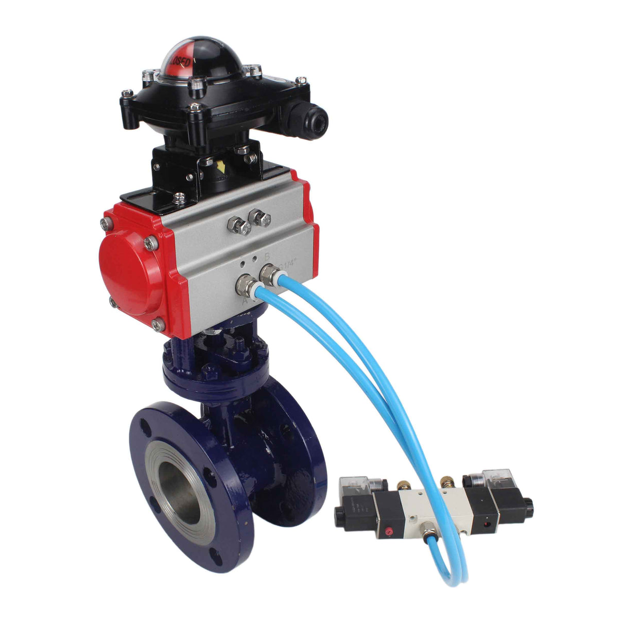 Vanne papillon d'eau Elephant WBV3EX-3432M-1W-F-ISO, matériau du corps - Acier au carbone, matériau du disque - Acier inoxydable AISI 316, joint - Métal, actionneur pneumatique PA-SA avec ressorts de rappel, 4V320-08 220V, BKV APL-210N