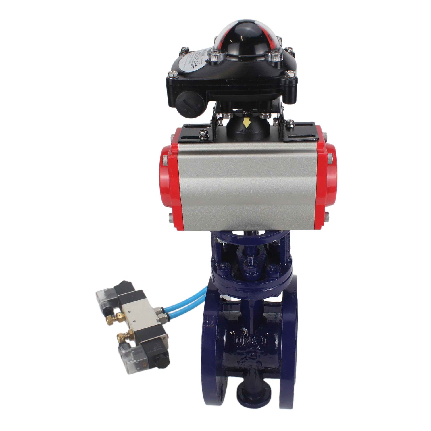 Vanne papillon d'eau Elephant WBV3EX-3431M-1W-F-ISO, matériau du corps - Acier au carbone, matériau du disque - Acier inoxydable AISI 304, joint - Métal, actionneur pneumatique PA-SA avec ressorts de rappel, 4V320-08 220V, BKV APL-210N