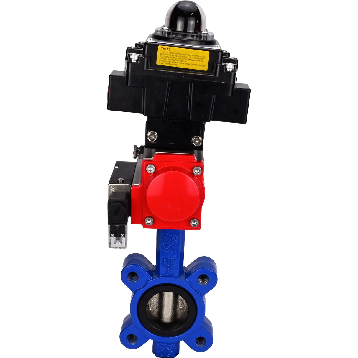 Vanne papillon d'eau Elephant WBV1616N-2W-Fb-H, matériau du corps - fonte QT450, matériau du disque - fonte QT450, joint - NBR, actionneur pneumatique PA-DA double action, 4M310-08 24V, BKV APL-410N EX