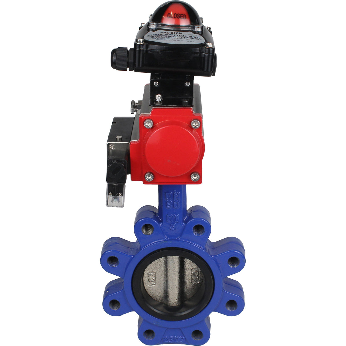 Vanne papillon d'eau Elephant WBV1616N-2W-Fb-H, matériau du corps - fonte QT450, matériau du disque - fonte QT450, joint - NBR, actionneur pneumatique PA-DA double action, 4M310-08 220V, BKV APL-210N