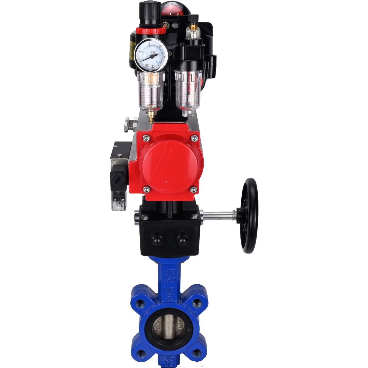Vanne papillon d'eau Elephant WBV1616E-2W-Fb-H, matériau du corps - fonte QT450, matériau du disque - fonte QT450, joint - EPDM, actionneur pneumatique PA-DA double action, 4M310-08 220V, BKV APL-510N EX, volant MON, BPV AFC2000