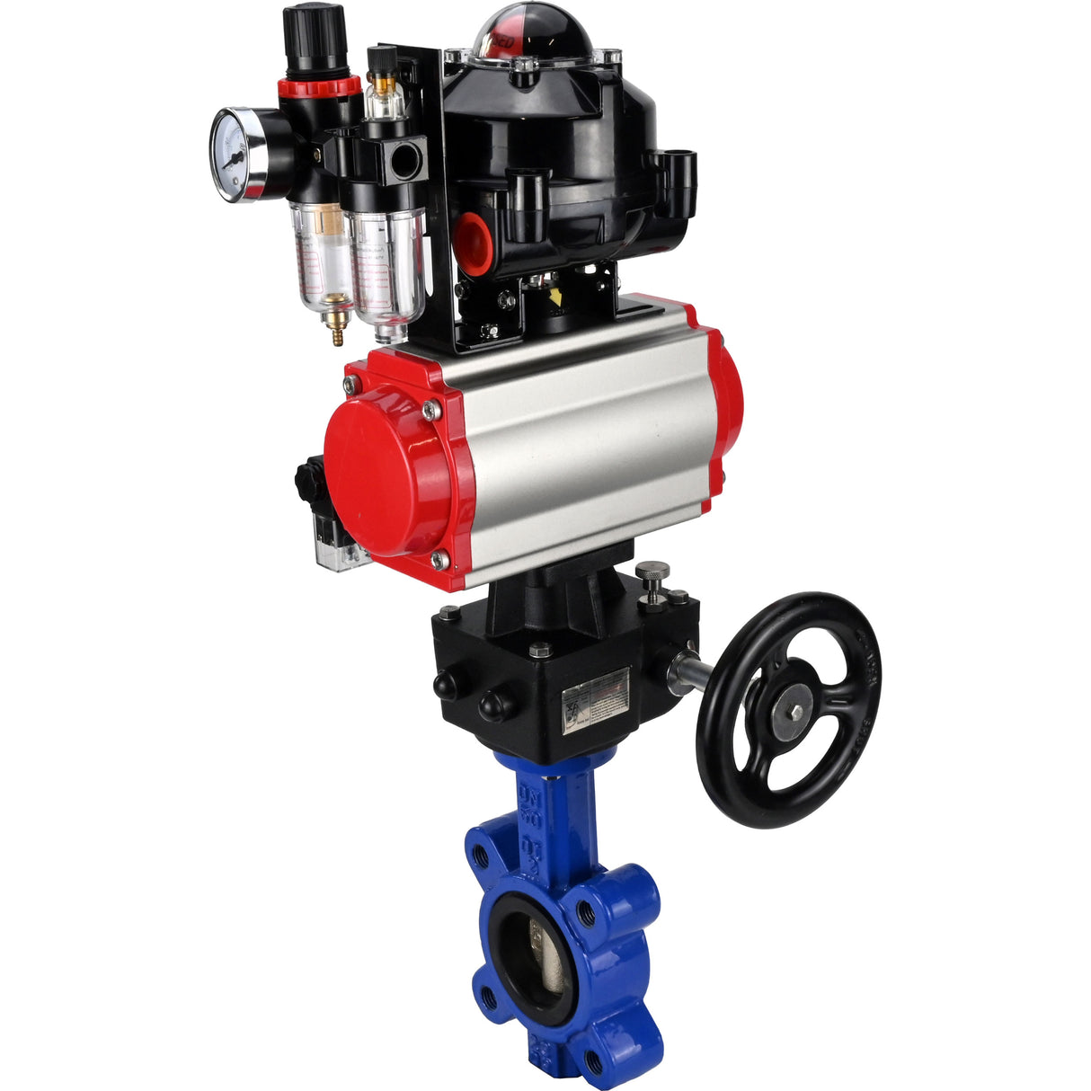 Vanne papillon d'eau Elephant WBV1616E-2W-Fb-H, matériau du corps - fonte QT450, matériau du disque - fonte QT450, joint - EPDM, actionneur pneumatique PA-DA double action, 4M310-08 220V, BKV APL-510N EX, volant MON, BPV AFC2000
