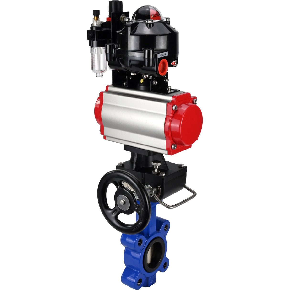 Vanne papillon d'eau Elephant WBV1616E-2W-Fb-H, matériau du corps - fonte QT450, matériau du disque - fonte QT450, joint - EPDM, actionneur pneumatique PA-DA double action, 4M310-08 220V, BKV APL-510N EX, volant MON, BPV AFC2000