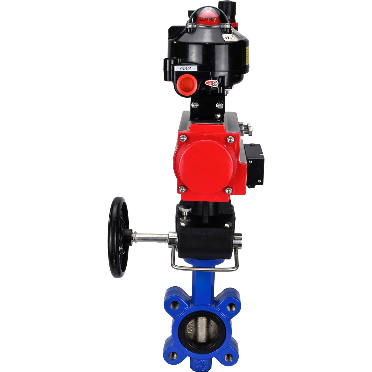 Vanne papillon d'eau Elephant WBV1616E-2W-Fb-H, matériau du corps - fonte QT450, matériau du disque - fonte QT450, joint - EPDM, actionneur pneumatique PA-DA double action, 4M310-08 220V, BKV APL-510N EX, volant MON, BPV AFC2000