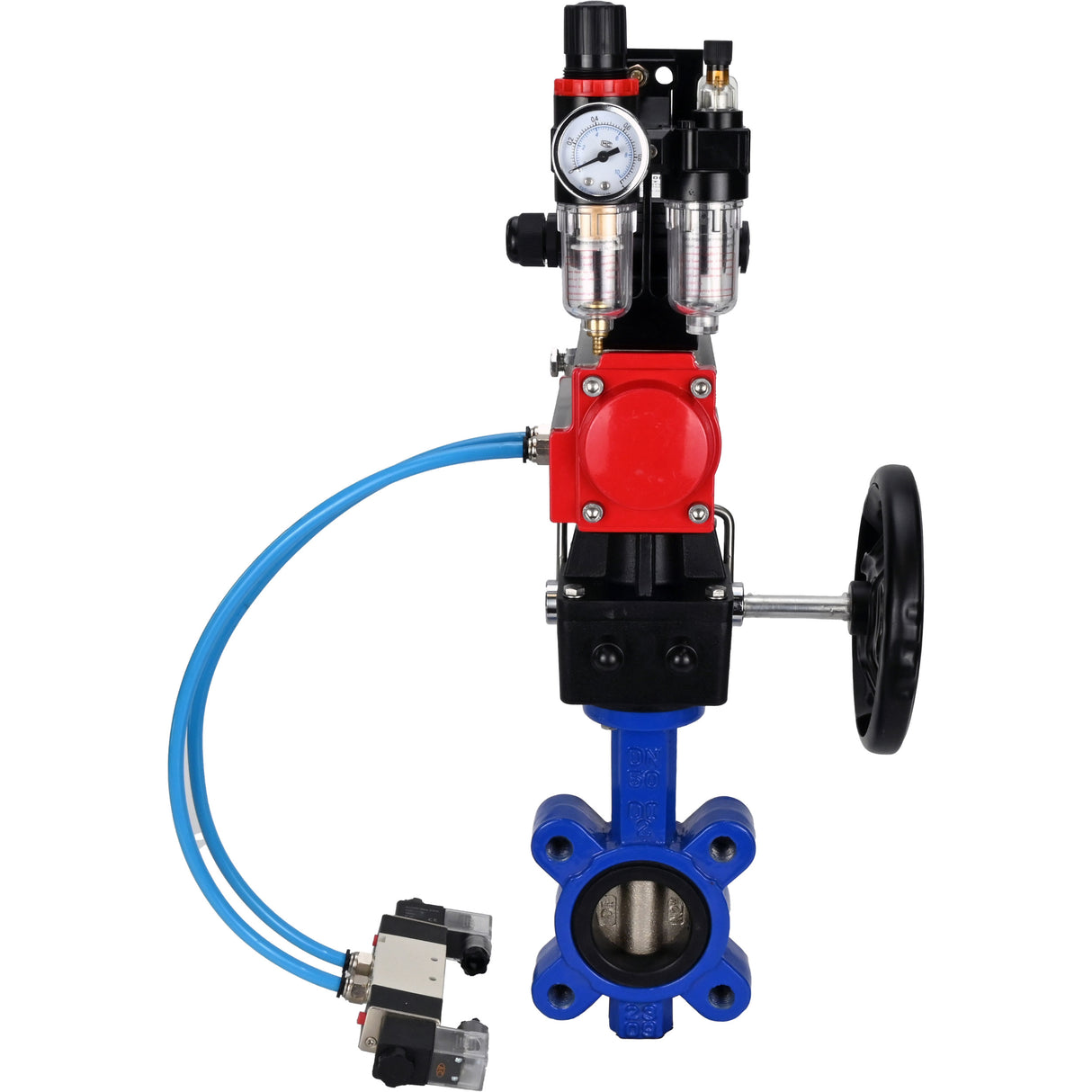 Vanne papillon d'eau Elephant WBV1616E-2W-Fb-H, matériau du corps - fonte QT450, matériau du disque - fonte QT450, joint - EPDM, actionneur pneumatique PA-DA double action, 4V320-08 220V, BKV APL-210N, volant MON, BPV AFC2000