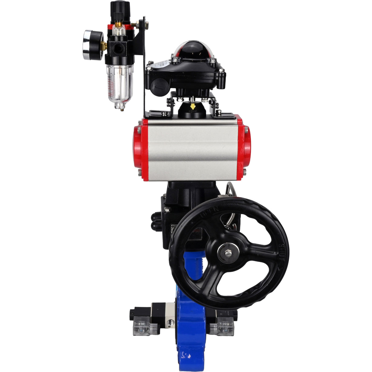 Vanne papillon d'eau Elephant WBV1616E-2W-Fb-H, matériau du corps - fonte QT450, matériau du disque - fonte QT450, joint - EPDM, actionneur pneumatique PA-DA double action, 4V320-08 220V, BKV APL-210N, volant MON, BPV AFC2000