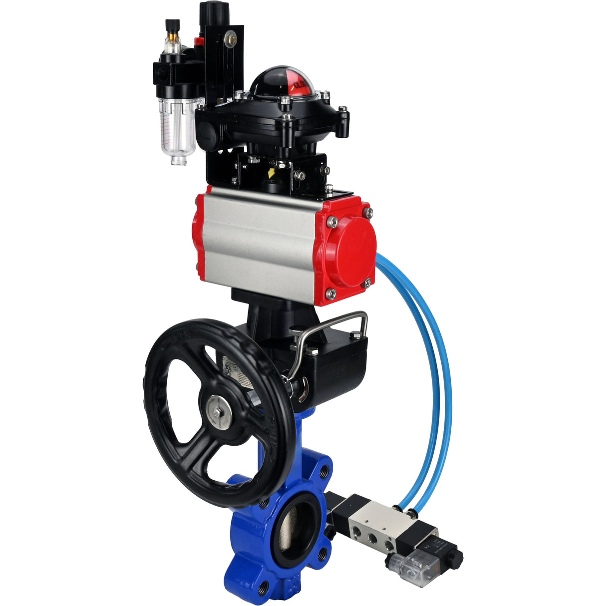 Vanne papillon d'eau Elephant WBV1616E-2W-Fb-H, matériau du corps - fonte QT450, matériau du disque - fonte QT450, joint - EPDM, actionneur pneumatique PA-DA double action, 4V320-08 220V, BKV APL-210N, volant MON, BPV AFC2000