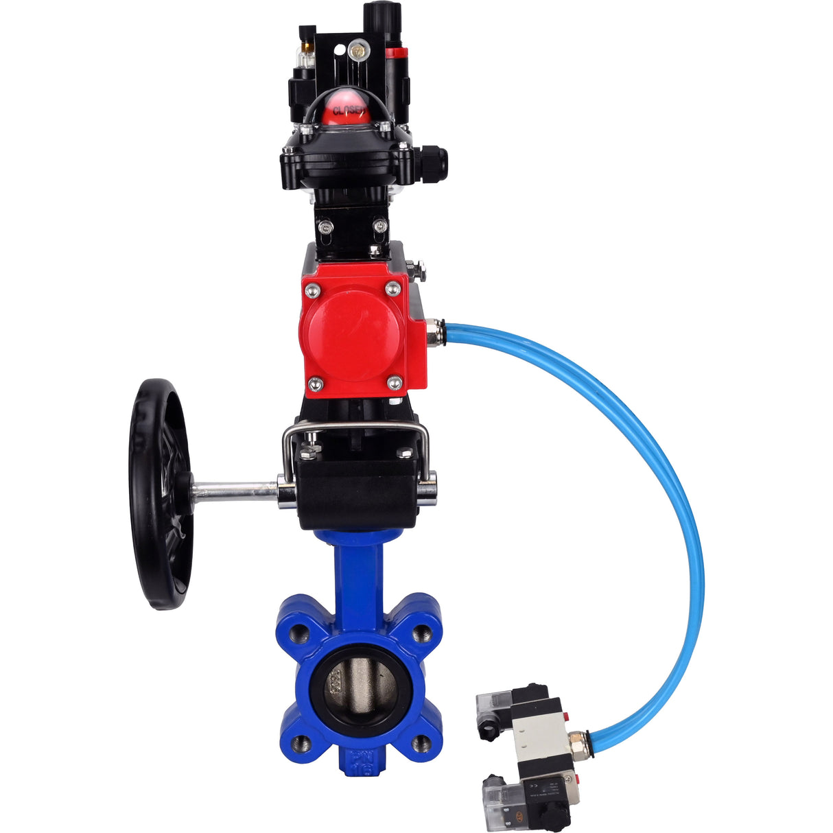 Vanne papillon d'eau Elephant WBV1616E-2W-Fb-H, matériau du corps - fonte QT450, matériau du disque - fonte QT450, joint - EPDM, actionneur pneumatique PA-DA double action, 4V320-08 220V, BKV APL-210N, volant MON, BPV AFC2000