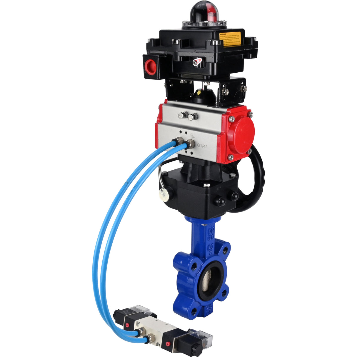 Vanne papillon d'eau Elephant WBV1616E-2W-Fb-H, matériau du corps - fonte QT450, matériau du disque - fonte QT450, joint - EPDM, actionneur pneumatique PA-DA double action, 4V320-08 220V, BKV APL-410N EX, volant MON