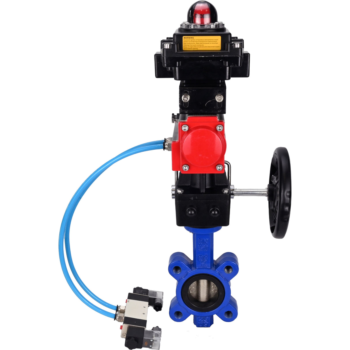 Vanne papillon d'eau Elephant WBV1616E-2W-Fb-H, matériau du corps - fonte QT450, matériau du disque - fonte QT450, joint - EPDM, actionneur pneumatique PA-DA double action, 4V320-08 220V, BKV APL-410N EX, volant MON