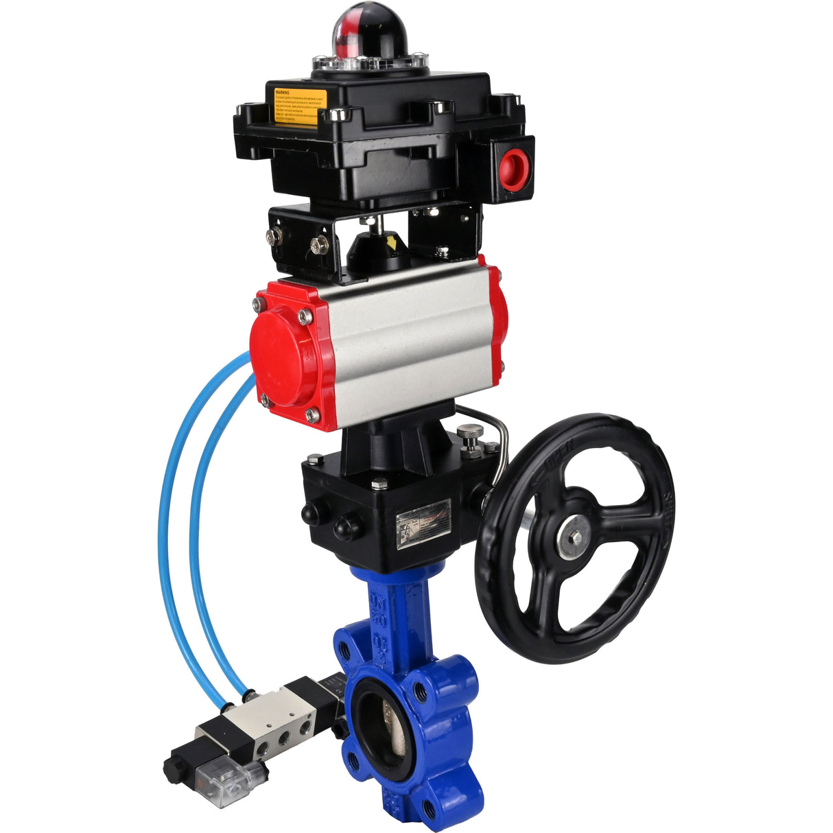 Vanne papillon d'eau Elephant WBV1616E-2W-Fb-H, matériau du corps - fonte QT450, matériau du disque - fonte QT450, joint - EPDM, actionneur pneumatique PA-DA double action, 4V320-08 220V, BKV APL-410N EX, volant MON