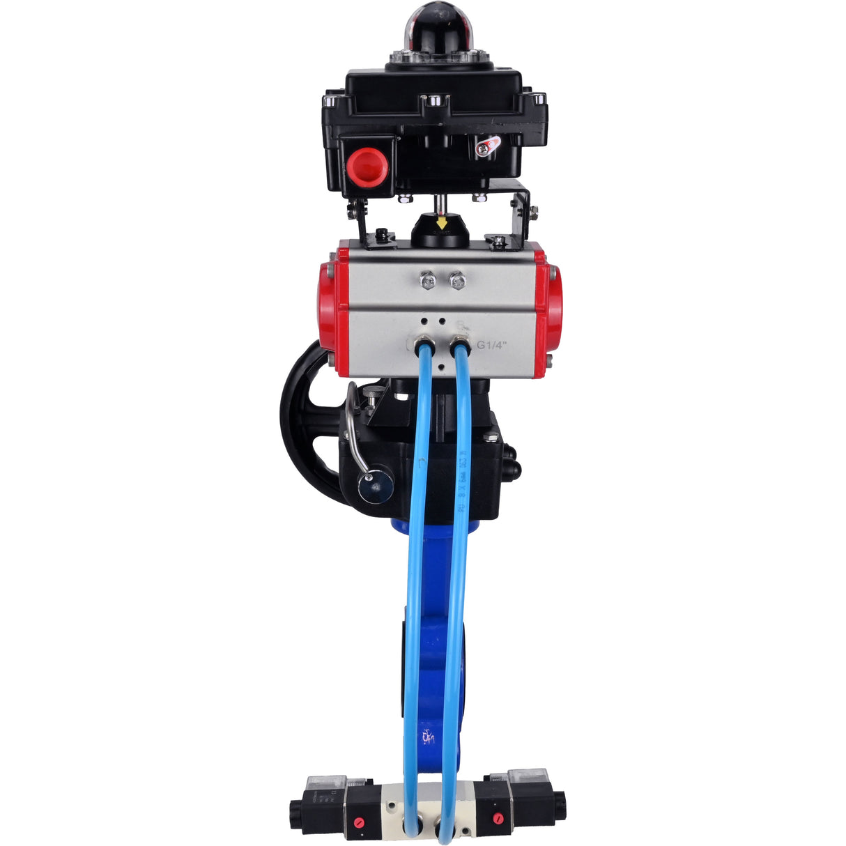 Vanne papillon d'eau Elephant WBV1616E-2W-Fb-H, matériau du corps - fonte QT450, matériau du disque - fonte QT450, joint - EPDM, actionneur pneumatique PA-DA double action, 4V320-08 220V, BKV APL-410N EX, volant MON