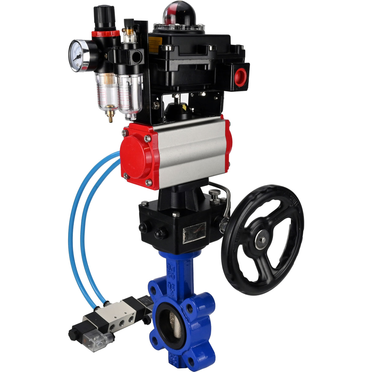 Vanne papillon d'eau Elephant WBV1616E-2W-Fb-H, matériau du corps - fonte QT450, matériau du disque - fonte QT450, joint - EPDM, actionneur pneumatique PA-DA double action, 4V320-08 220V, BKV APL-410N EX, volant MON, BPV AFC2000