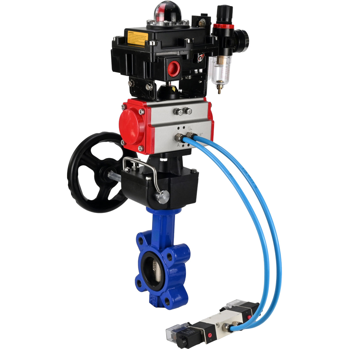 Vanne papillon d'eau Elephant WBV1616E-2W-Fb-H, matériau du corps - fonte QT450, matériau du disque - fonte QT450, joint - EPDM, actionneur pneumatique PA-DA double action, 4V320-08 220V, BKV APL-410N EX, volant MON, BPV AFC2000