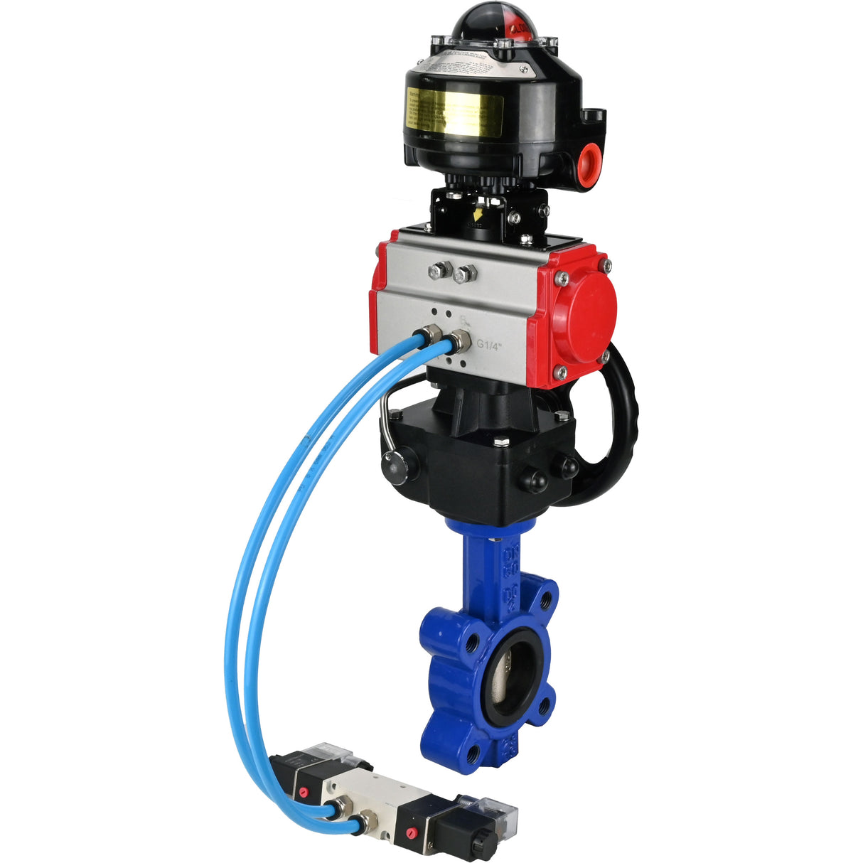 Vanne papillon d'eau Elephant WBV1616E-2W-Fb-H, matériau du corps - fonte QT450, matériau du disque - fonte QT450, joint - EPDM, actionneur pneumatique PA-DA double action, 4V320-08 220V, BKV APL-510N EX, volant MON