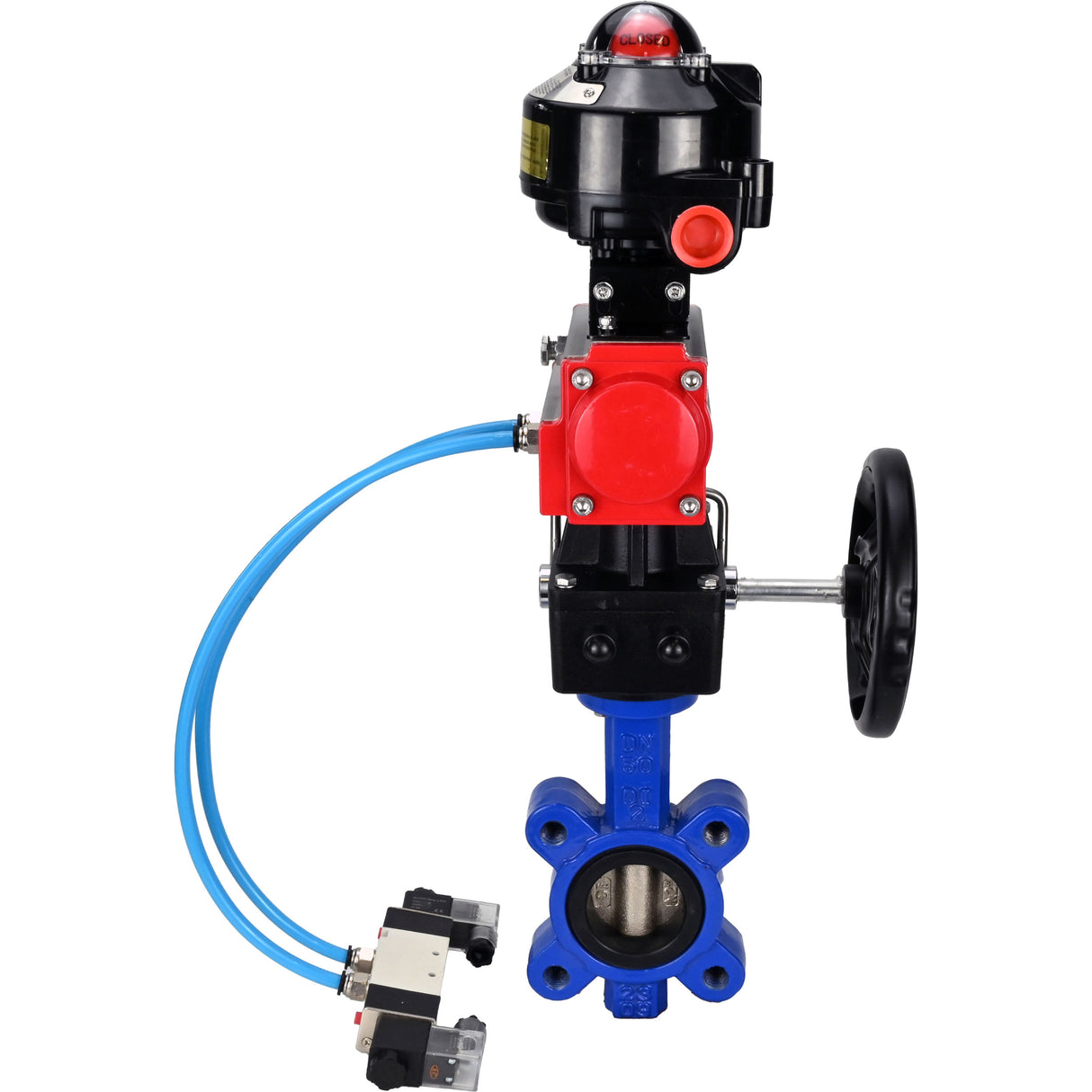 Vanne papillon d'eau Elephant WBV1616E-2W-Fb-H, matériau du corps - fonte QT450, matériau du disque - fonte QT450, joint - EPDM, actionneur pneumatique PA-DA double action, 4V320-08 220V, BKV APL-510N EX, volant MON