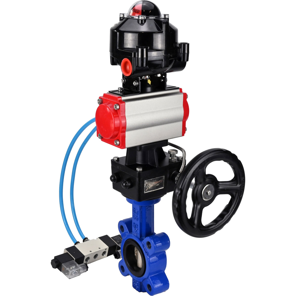 Vanne papillon d'eau Elephant WBV1616E-2W-Fb-H, matériau du corps - fonte QT450, matériau du disque - fonte QT450, joint - EPDM, actionneur pneumatique PA-DA double action, 4V320-08 220V, BKV APL-510N EX, volant MON
