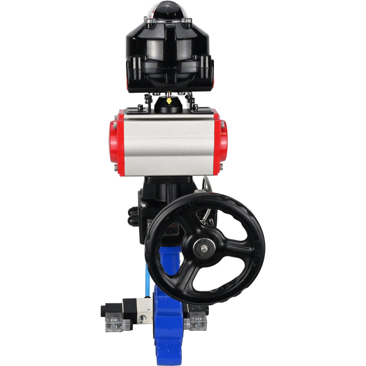 Vanne papillon d'eau Elephant WBV1616E-2W-Fb-H, matériau du corps - fonte QT450, matériau du disque - fonte QT450, joint - EPDM, actionneur pneumatique PA-DA double action, 4V320-08 220V, BKV APL-510N EX, volant MON