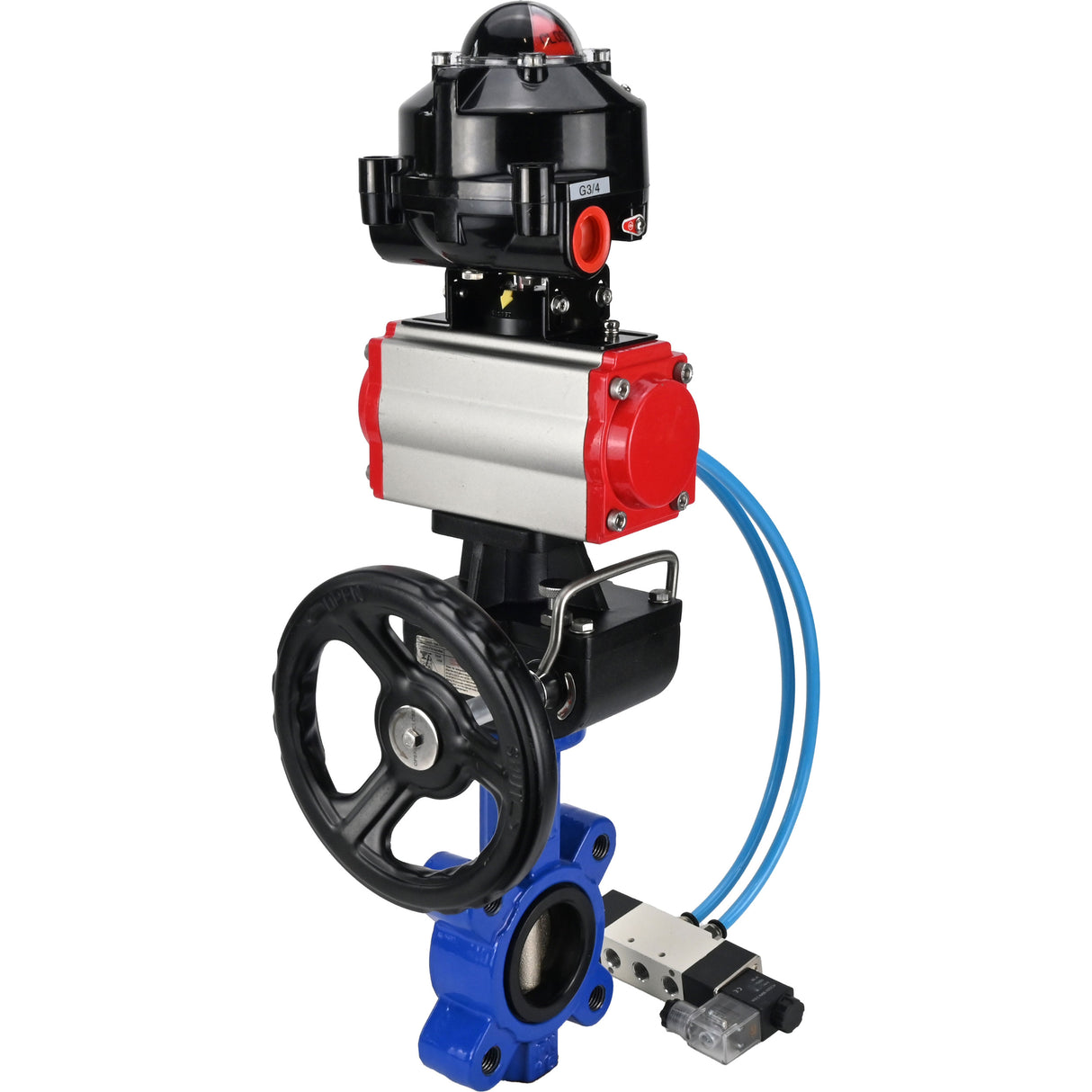 Vanne papillon d'eau Elephant WBV1616E-2W-Fb-H, matériau du corps - fonte QT450, matériau du disque - fonte QT450, joint - EPDM, actionneur pneumatique PA-DA double action, 4V320-08 220V, BKV APL-510N EX, volant MON