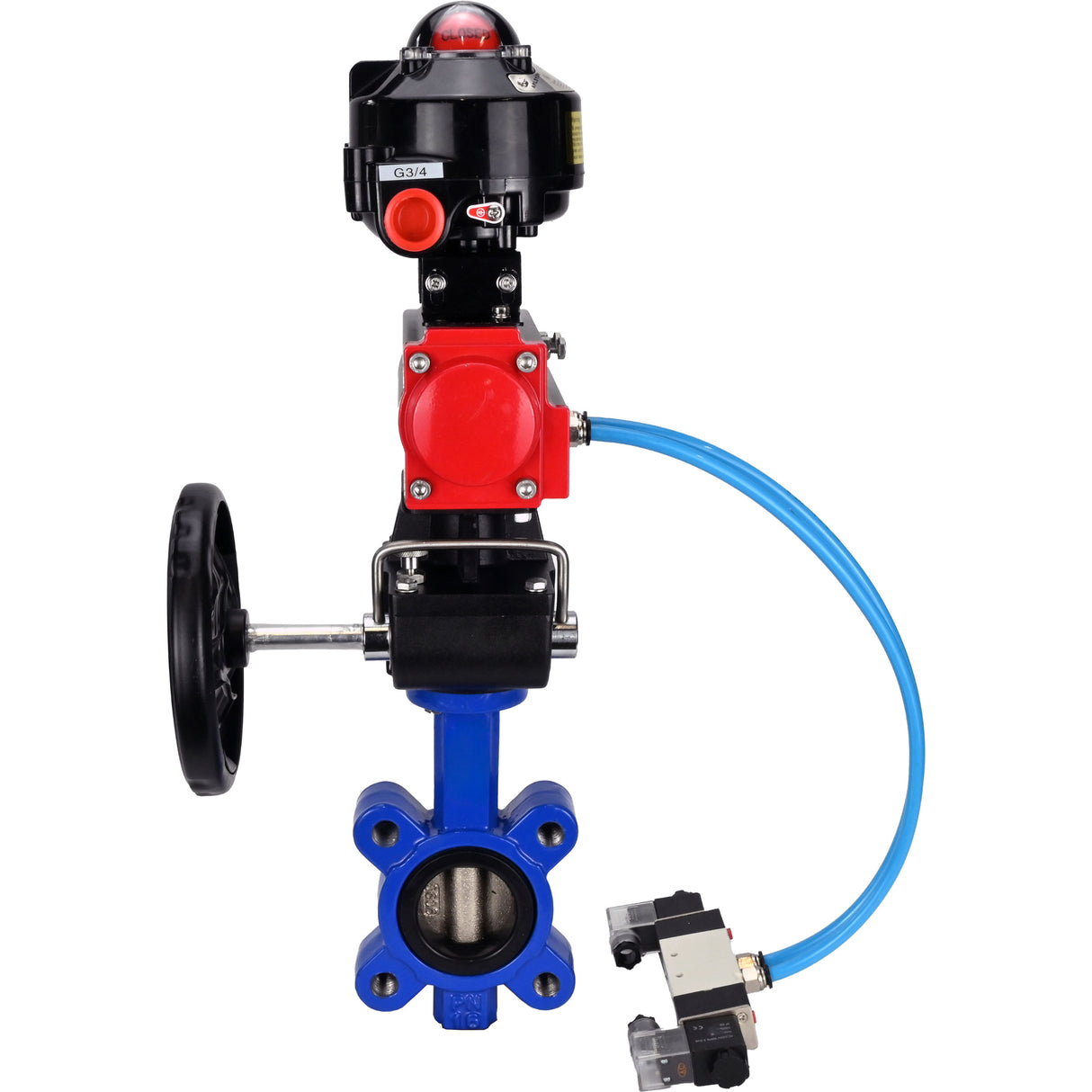 Vanne papillon d'eau Elephant WBV1616E-2W-Fb-H, matériau du corps - fonte QT450, matériau du disque - fonte QT450, joint - EPDM, actionneur pneumatique PA-DA double action, 4V320-08 220V, BKV APL-510N EX, volant MON