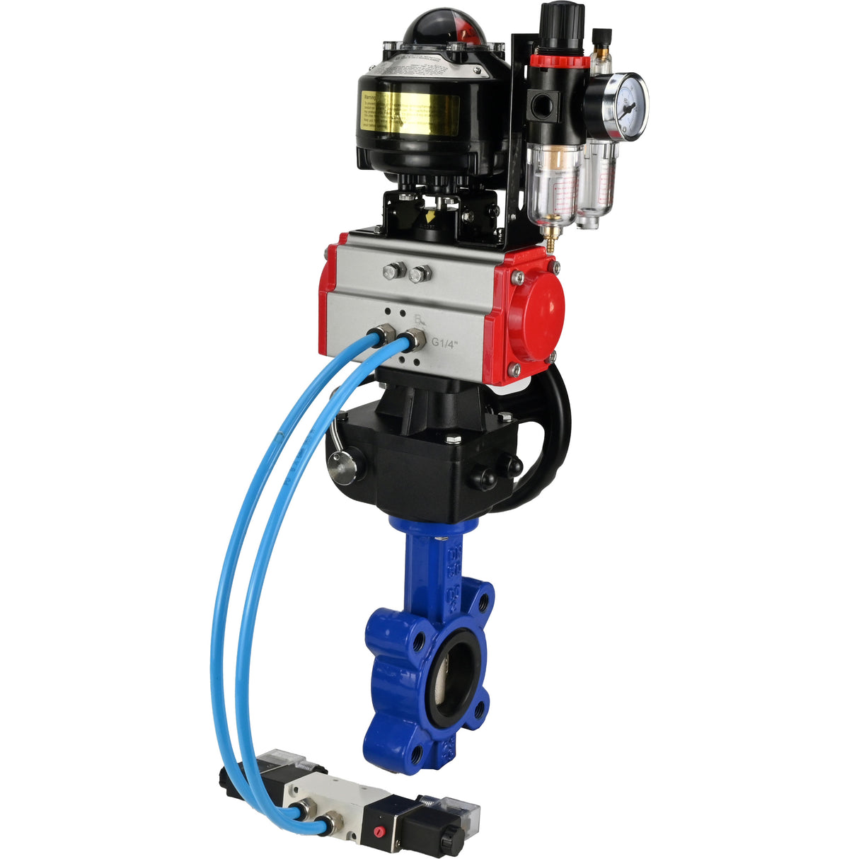 Vanne papillon d'eau Elephant WBV1616E-2W-Fb-H, matériau du corps - fonte QT450, matériau du disque - fonte QT450, joint - EPDM, actionneur pneumatique PA-DA double action, 4V320-08 220V, BKV APL-510N EX, volant MON, BPV AFC2000