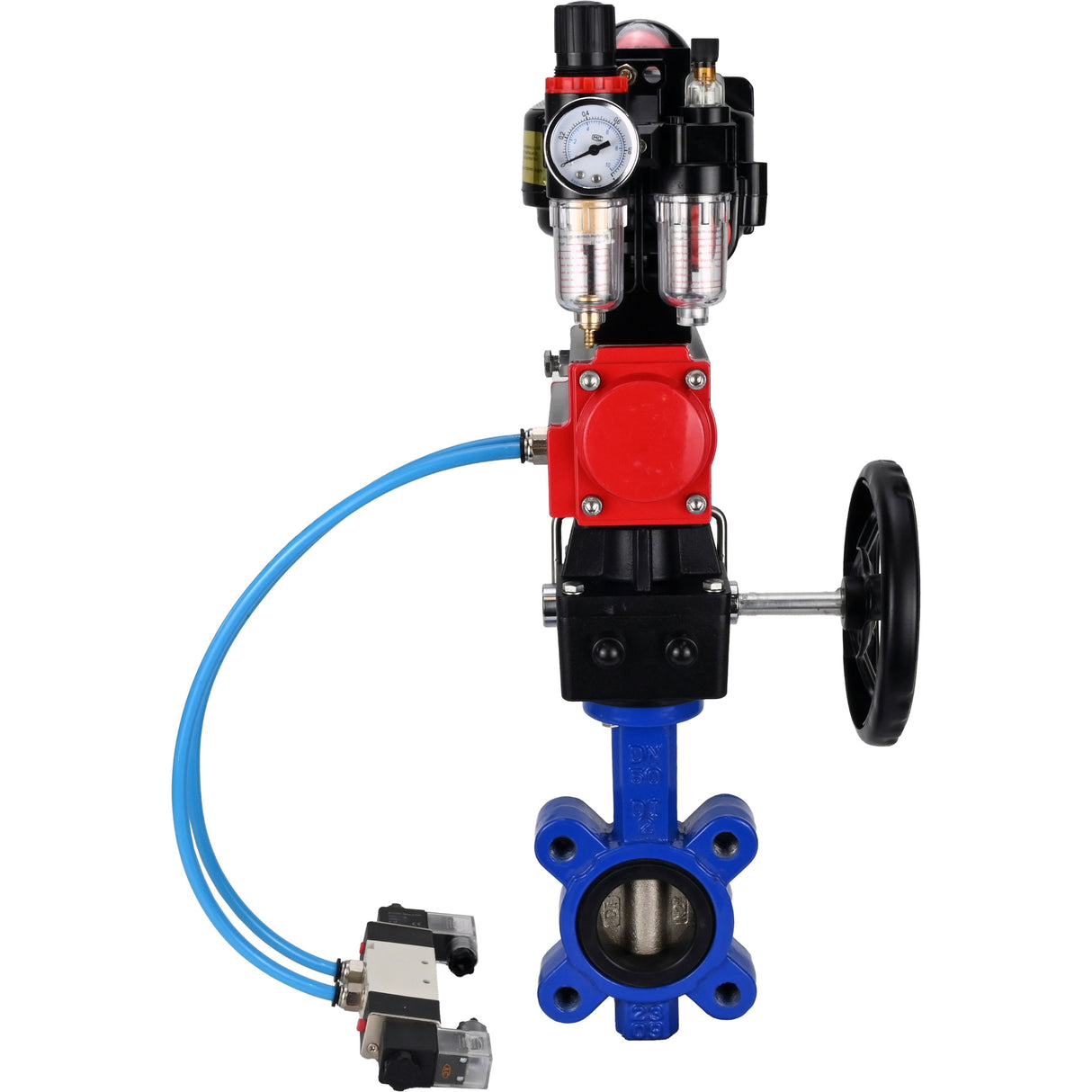 Vanne papillon d'eau Elephant WBV1616E-2W-Fb-H, matériau du corps - fonte QT450, matériau du disque - fonte QT450, joint - EPDM, actionneur pneumatique PA-DA double action, 4V320-08 220V, BKV APL-510N EX, volant MON, BPV AFC2000