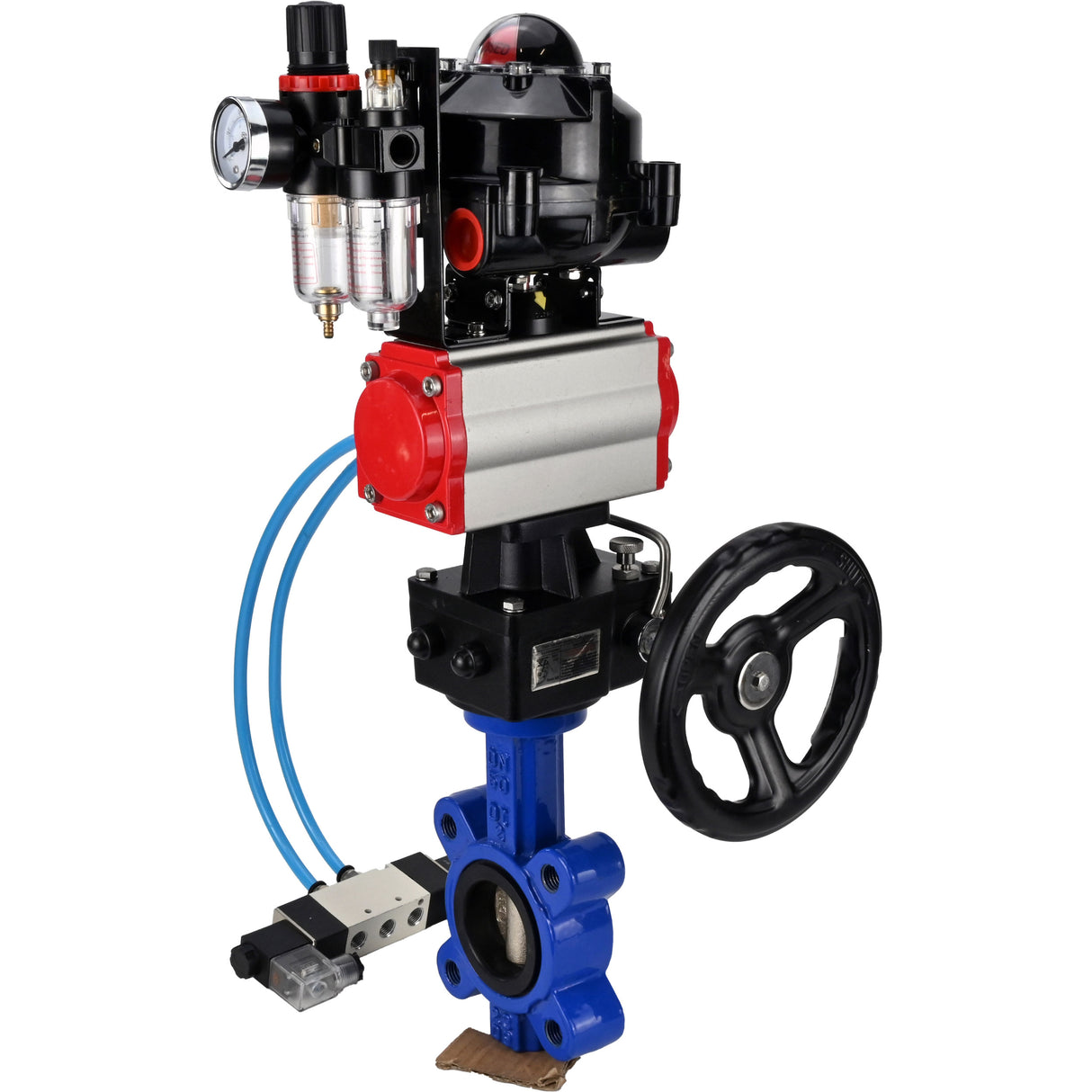 Vanne papillon d'eau Elephant WBV1616E-2W-Fb-H, matériau du corps - fonte QT450, matériau du disque - fonte QT450, joint - EPDM, actionneur pneumatique PA-DA double action, 4V320-08 220V, BKV APL-510N EX, volant MON, BPV AFC2000