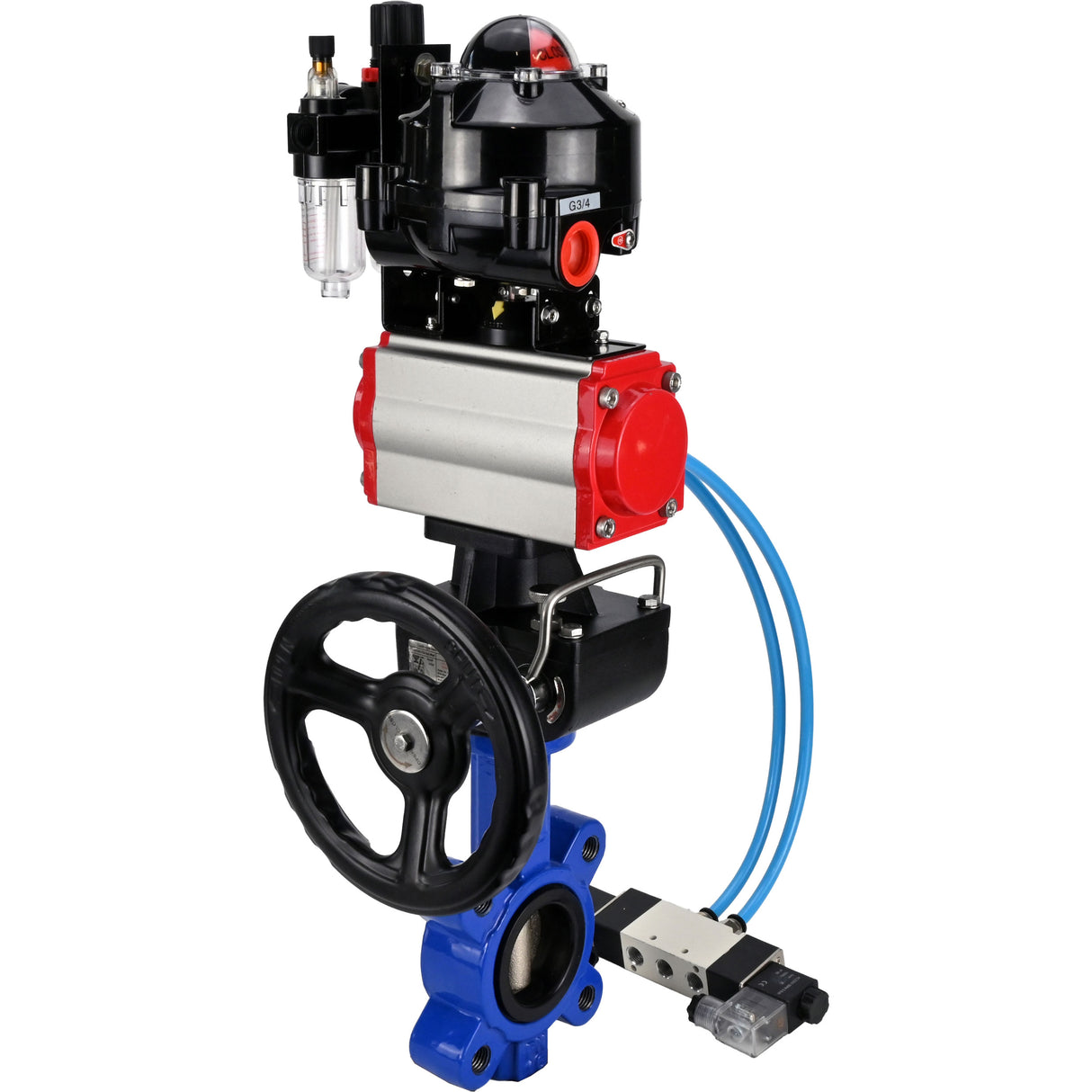 Vanne papillon d'eau Elephant WBV1616E-2W-Fb-H, matériau du corps - fonte QT450, matériau du disque - fonte QT450, joint - EPDM, actionneur pneumatique PA-DA double action, 4V320-08 220V, BKV APL-510N EX, volant MON, BPV AFC2000