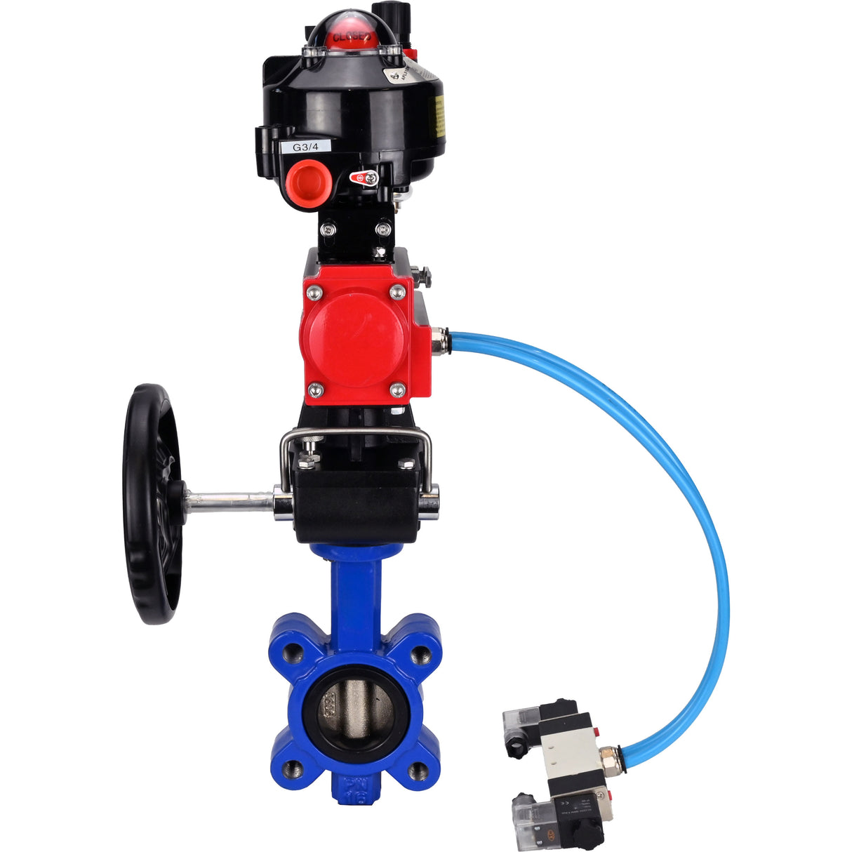 Vanne papillon d'eau Elephant WBV1616E-2W-Fb-H, matériau du corps - fonte QT450, matériau du disque - fonte QT450, joint - EPDM, actionneur pneumatique PA-DA double action, 4V320-08 220V, BKV APL-510N EX, volant MON, BPV AFC2000