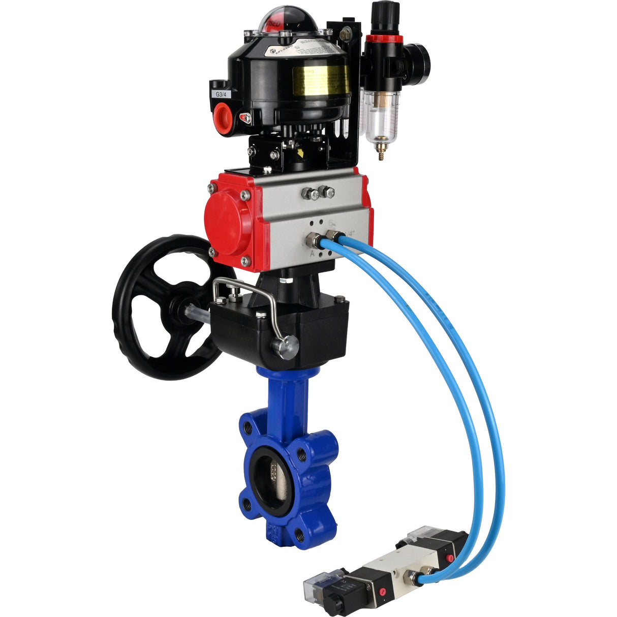 Vanne papillon d'eau Elephant WBV1616E-2W-Fb-H, matériau du corps - fonte QT450, matériau du disque - fonte QT450, joint - EPDM, actionneur pneumatique PA-DA double action, 4V320-08 220V, BKV APL-510N EX, volant MON, BPV AFC2000