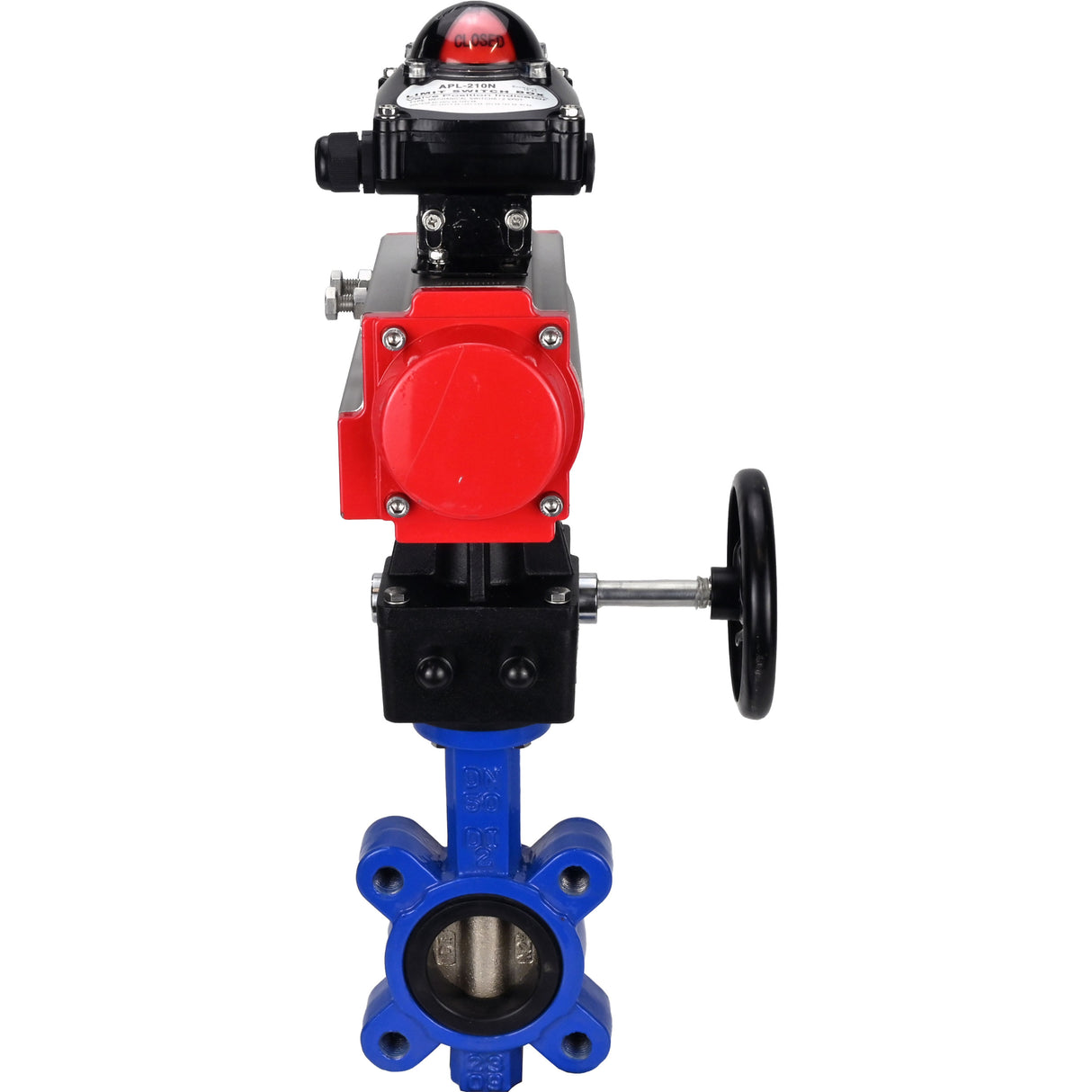 Vanne papillon d'eau Elephant WBV1616E-2W-Fb-H, matériau du corps - fonte QT450, matériau du disque - fonte QT450, joint - EPDM, avec actionneur pneumatique double effet PA-DA, volant MON, BKV APL-210N