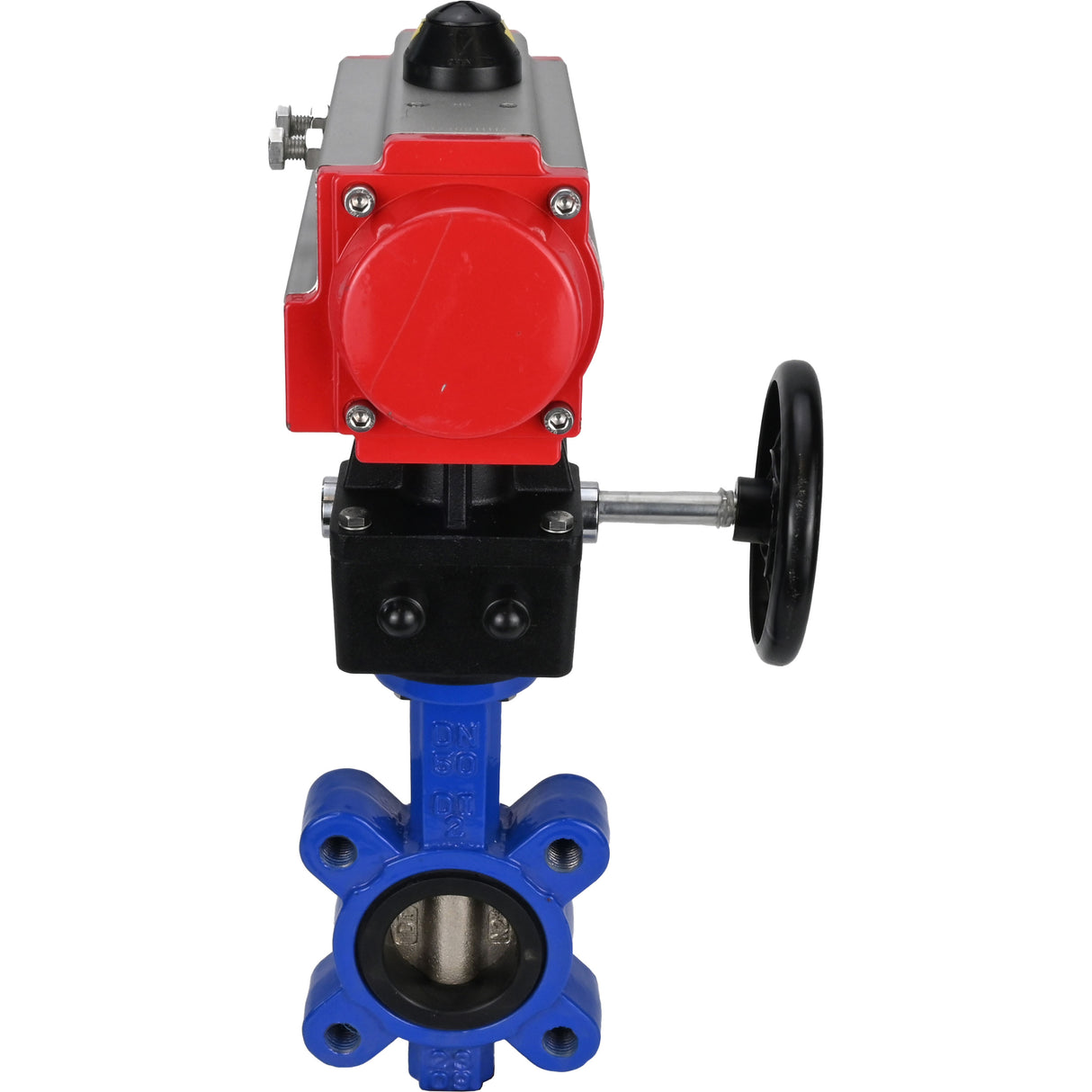 Vanne papillon d'eau Elephant WBV1616E-2W-Fb-H, matériau du corps - fonte QT450, matériau du disque - fonte QT450, joint - EPDM, avec actionneur pneumatique double effet PA-DA, volant MON