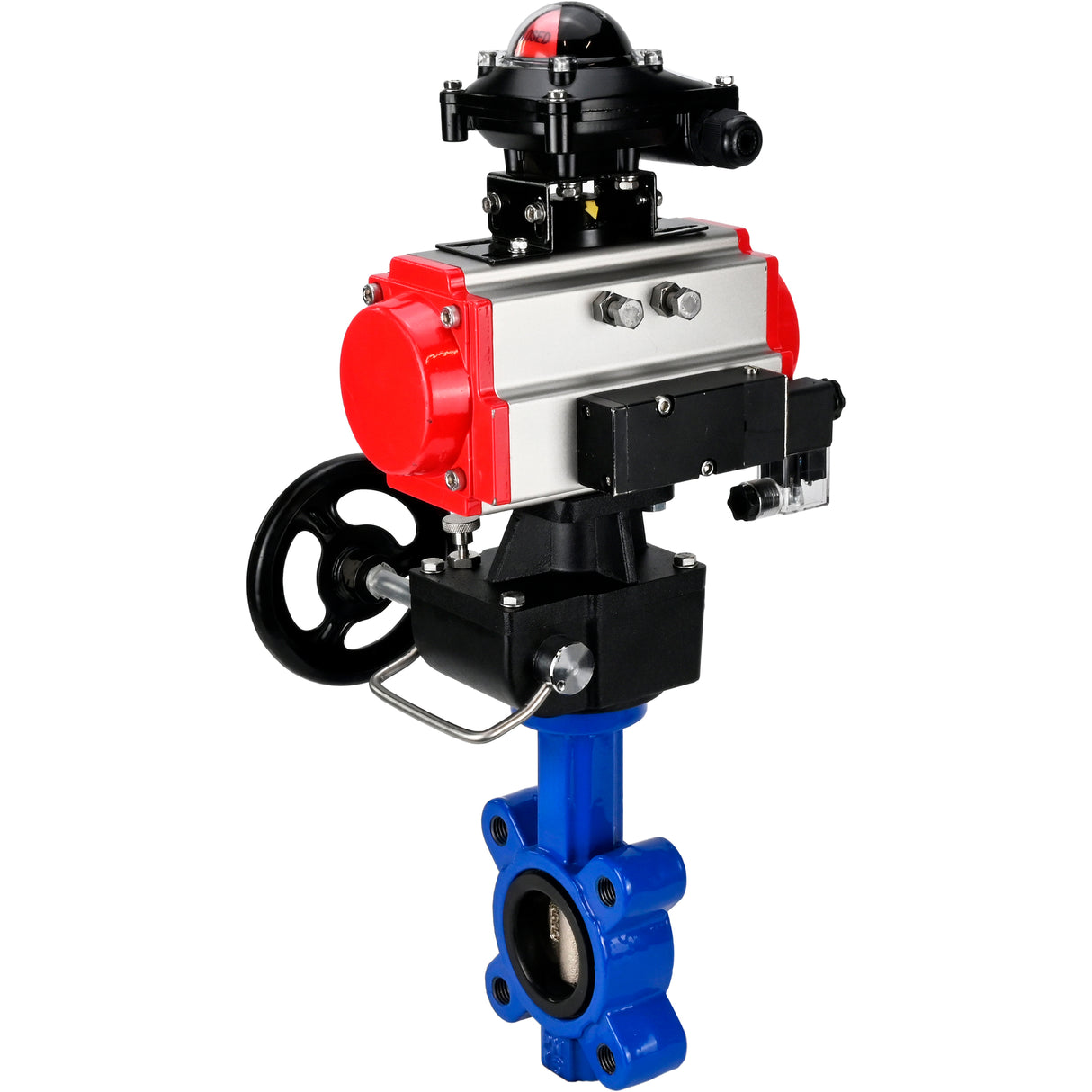 Vanne papillon d'eau Elephant WBV1616E-2W-Fb-H, matériau du corps - fonte QT450, matériau du disque - fonte QT450, joint - EPDM, actionneur pneumatique PA-DA double action, 4M310-08 24V, BKV APL-210N, volant MON