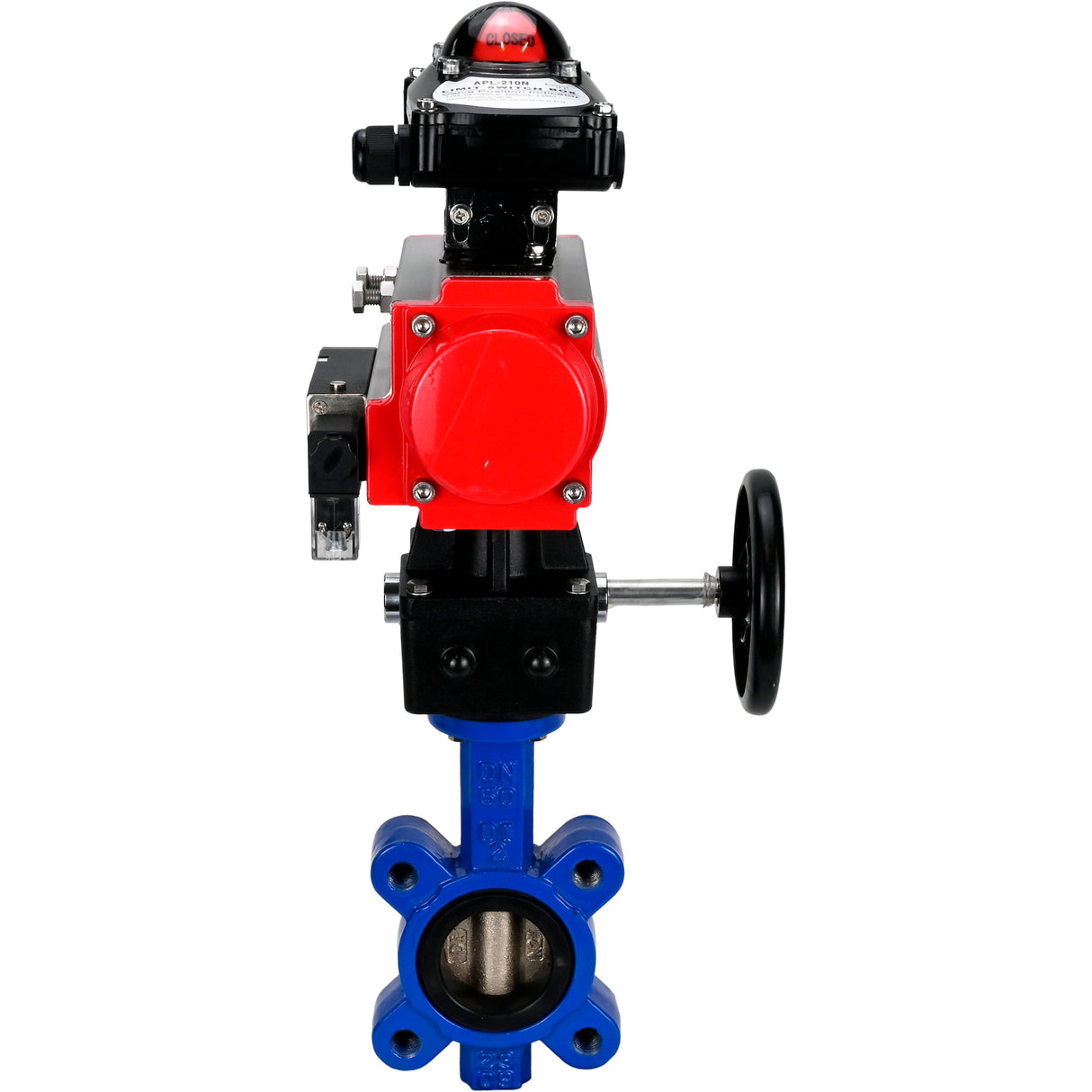Vanne papillon d'eau Elephant WBV1616E-2W-Fb-H, matériau du corps - fonte QT450, matériau du disque - fonte QT450, joint - EPDM, actionneur pneumatique PA-DA double action, 4M310-08 24V, BKV APL-210N, volant MON