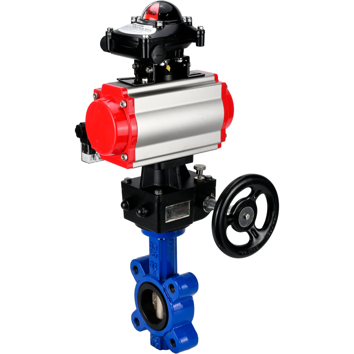 Vanne papillon d'eau Elephant WBV1616E-2W-Fb-H, matériau du corps - fonte QT450, matériau du disque - fonte QT450, joint - EPDM, actionneur pneumatique PA-DA double action, 4M310-08 24V, BKV APL-210N, volant MON