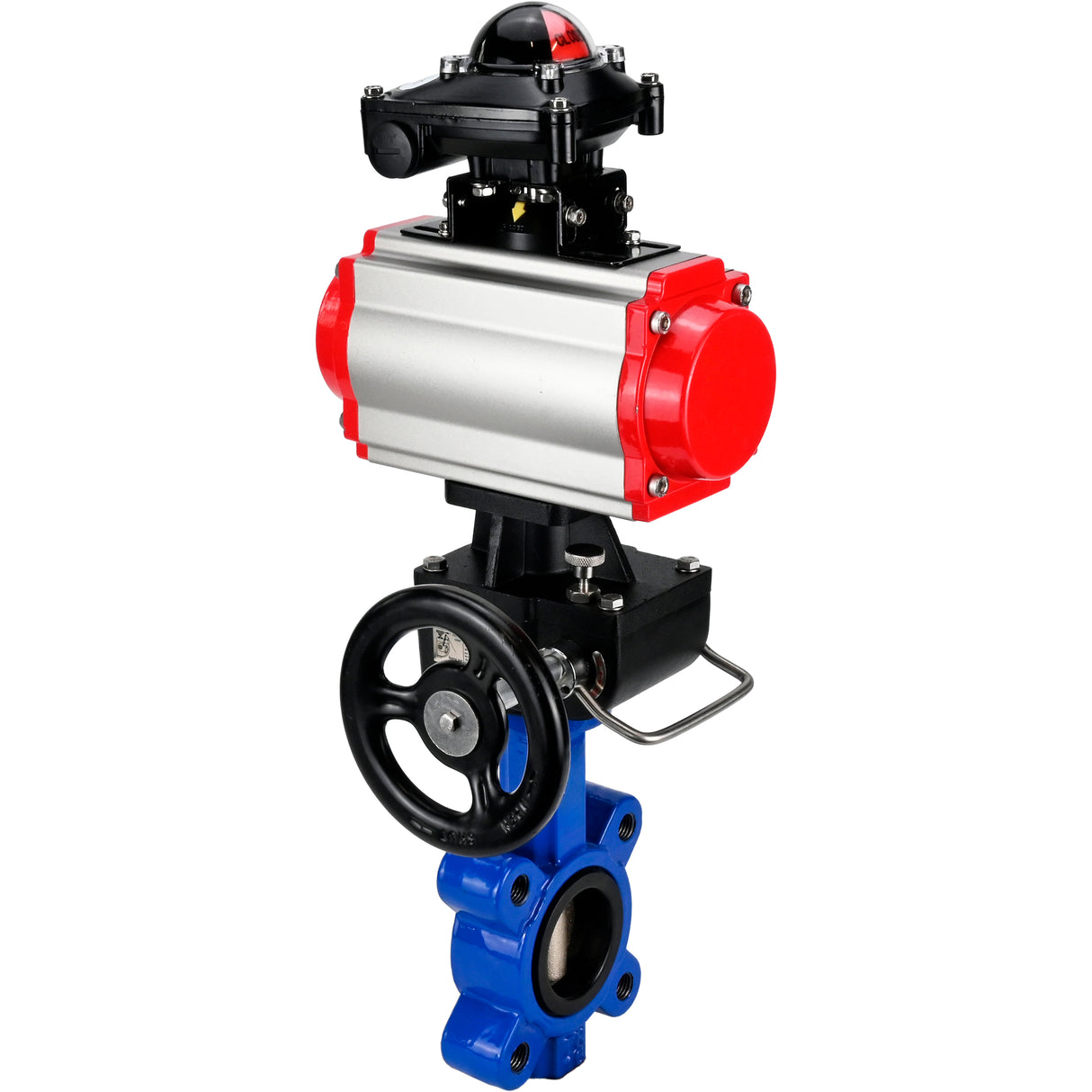 Vanne papillon d'eau Elephant WBV1616E-2W-Fb-H, matériau du corps - fonte QT450, matériau du disque - fonte QT450, joint - EPDM, actionneur pneumatique PA-DA double action, 4M310-08 24V, BKV APL-210N, volant MON