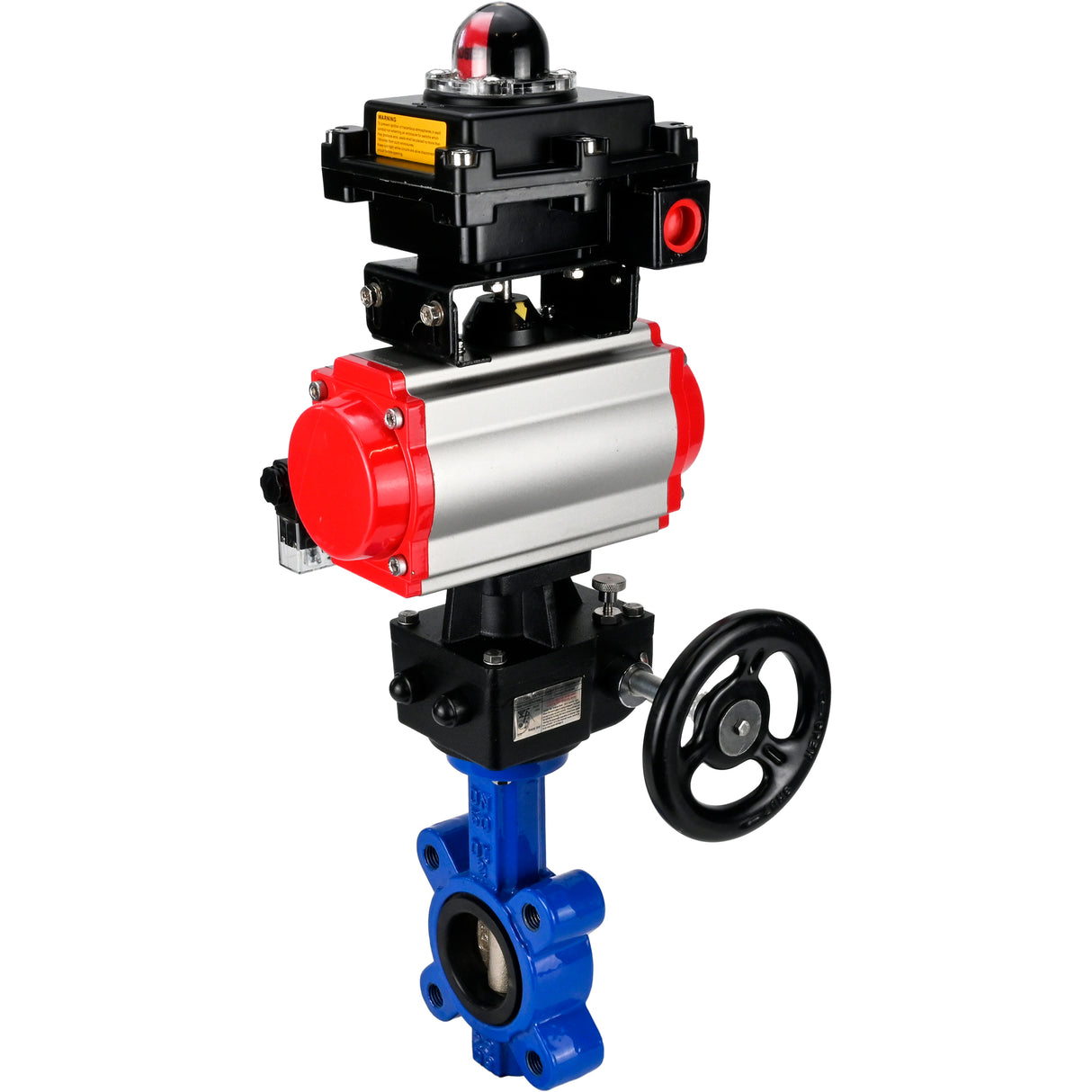 Vanne papillon d'eau Elephant WBV1616E-2W-Fb-H, matériau du corps - fonte QT450, matériau du disque - fonte QT450, joint - EPDM, actionneur pneumatique PA-DA double action, 4M310-08 24V, BKV APL-410N EX, volant MON,