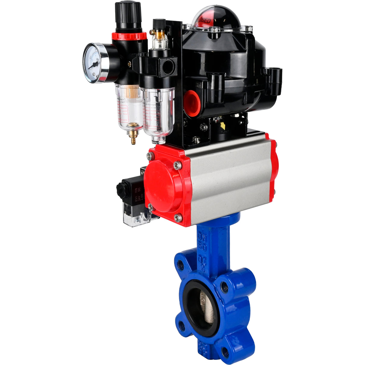 Vanne papillon d'eau Elephant WBV1616E-2W-Fb-H, matériau du corps - fonte QT450, matériau du disque - fonte QT450, joint - EPDM, actionneur pneumatique PA-DA double action, 4M310-08 24V, BKV APL-510N EX, BPV AFC2000