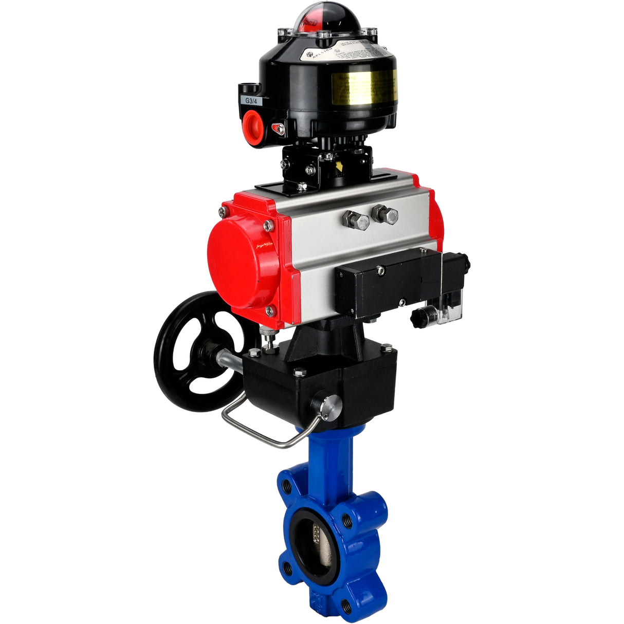Vanne papillon d'eau Elephant WBV1616E-2W-Fb-H, matériau du corps - fonte QT450, matériau du disque - fonte QT450, joint - EPDM, actionneur pneumatique PA-DA double action, 4M310-08 24V, BKV APL-510N EX, volant MON