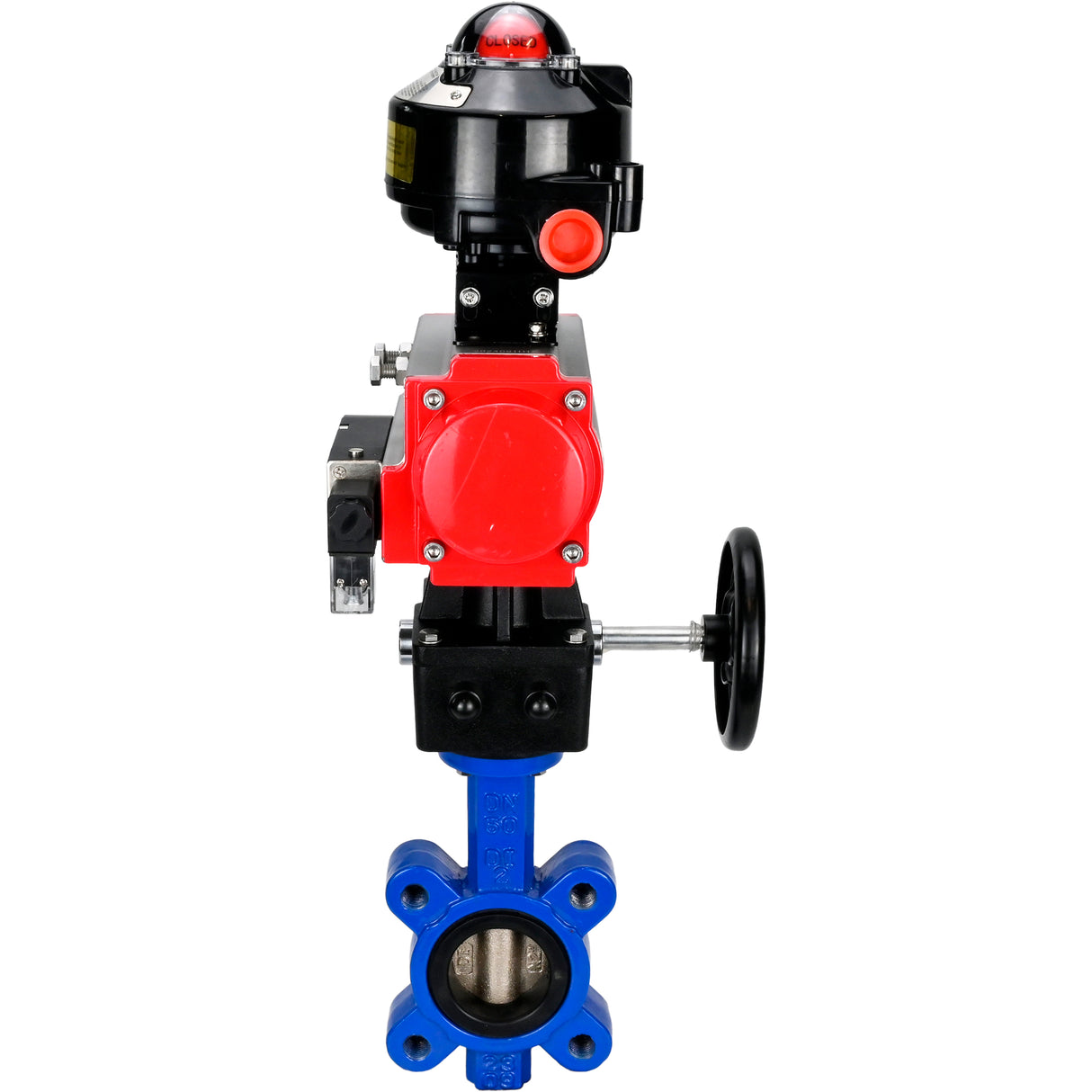 Vanne papillon d'eau Elephant WBV1616E-2W-Fb-H, matériau du corps - fonte QT450, matériau du disque - fonte QT450, joint - EPDM, actionneur pneumatique PA-DA double action, 4M310-08 24V, BKV APL-510N EX, volant MON