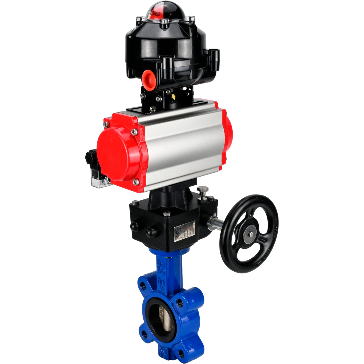 Vanne papillon d'eau Elephant WBV1616E-2W-Fb-H, matériau du corps - fonte QT450, matériau du disque - fonte QT450, joint - EPDM, actionneur pneumatique PA-DA double action, 4M310-08 24V, BKV APL-510N EX, volant MON