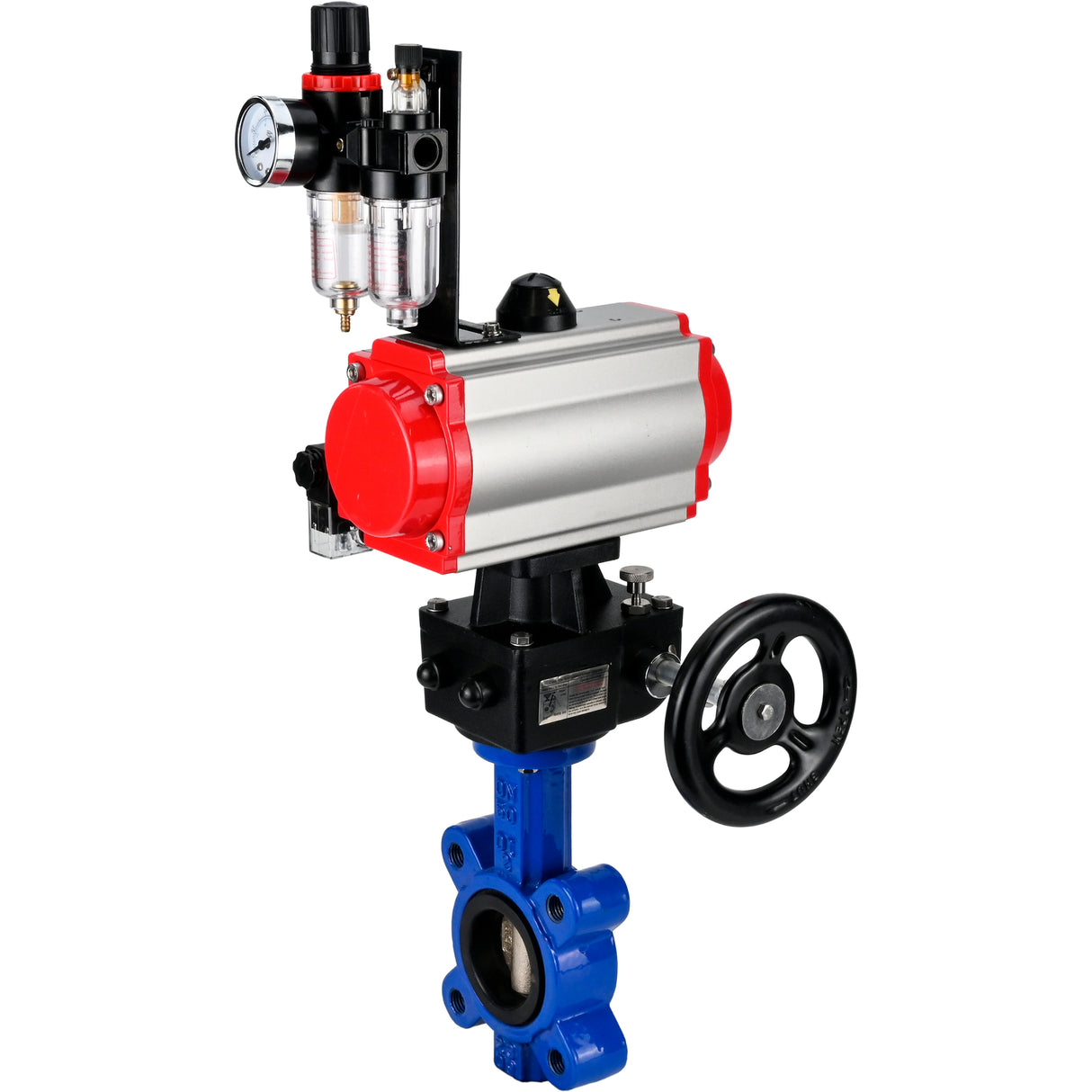Vanne papillon d'eau Elephant WBV1616N-2W-Fb-H, matériau du corps - fonte QT450, matériau du disque - fonte QT450, joint - NBR, actionneur pneumatique PA-DA double action, volant manuel 4M310-08 24V MON, BPV AFC2000
